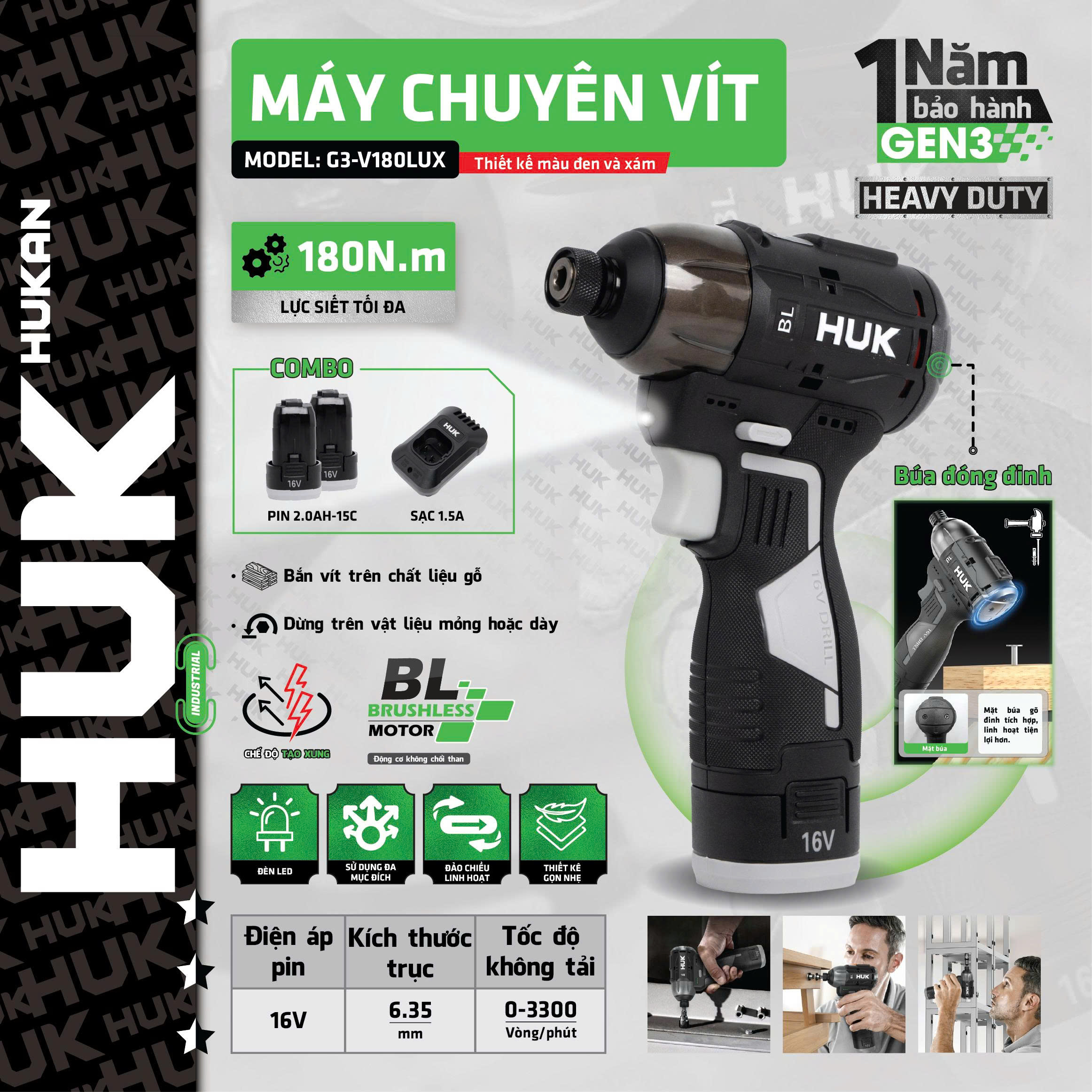 Máy Chuyên Vít Búa Gen 3 Hukan G3-V180LUX, Lực Siết 180N, Pin 16V