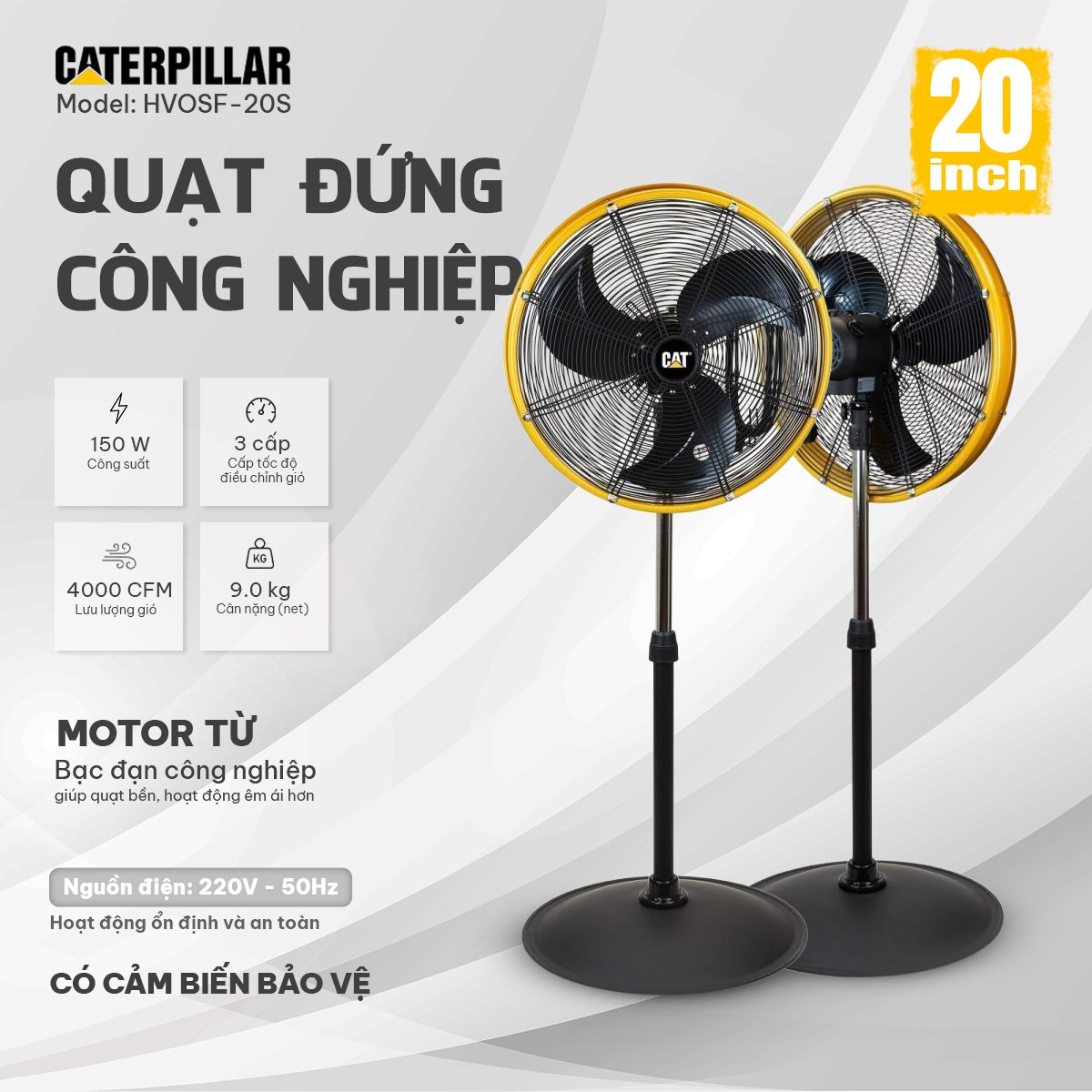 Quạt Đứng Công Nghiệp Caterpillar 20 Inch HVOSF-20S Chính Hãng, Công Suất 150W