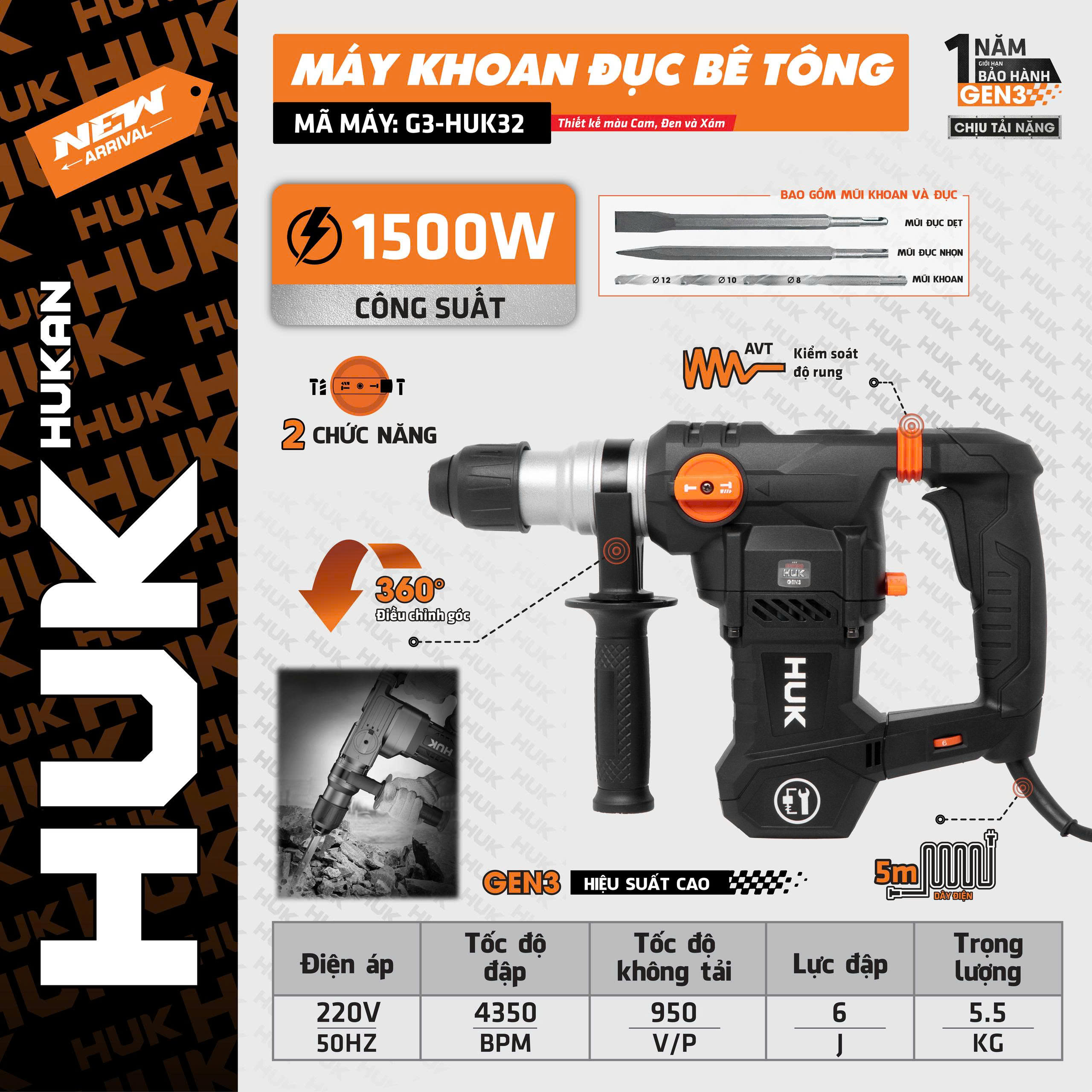 Máy Khoan đục Bê Tông 1600W (GEN 3) Hukan G3-HUK32