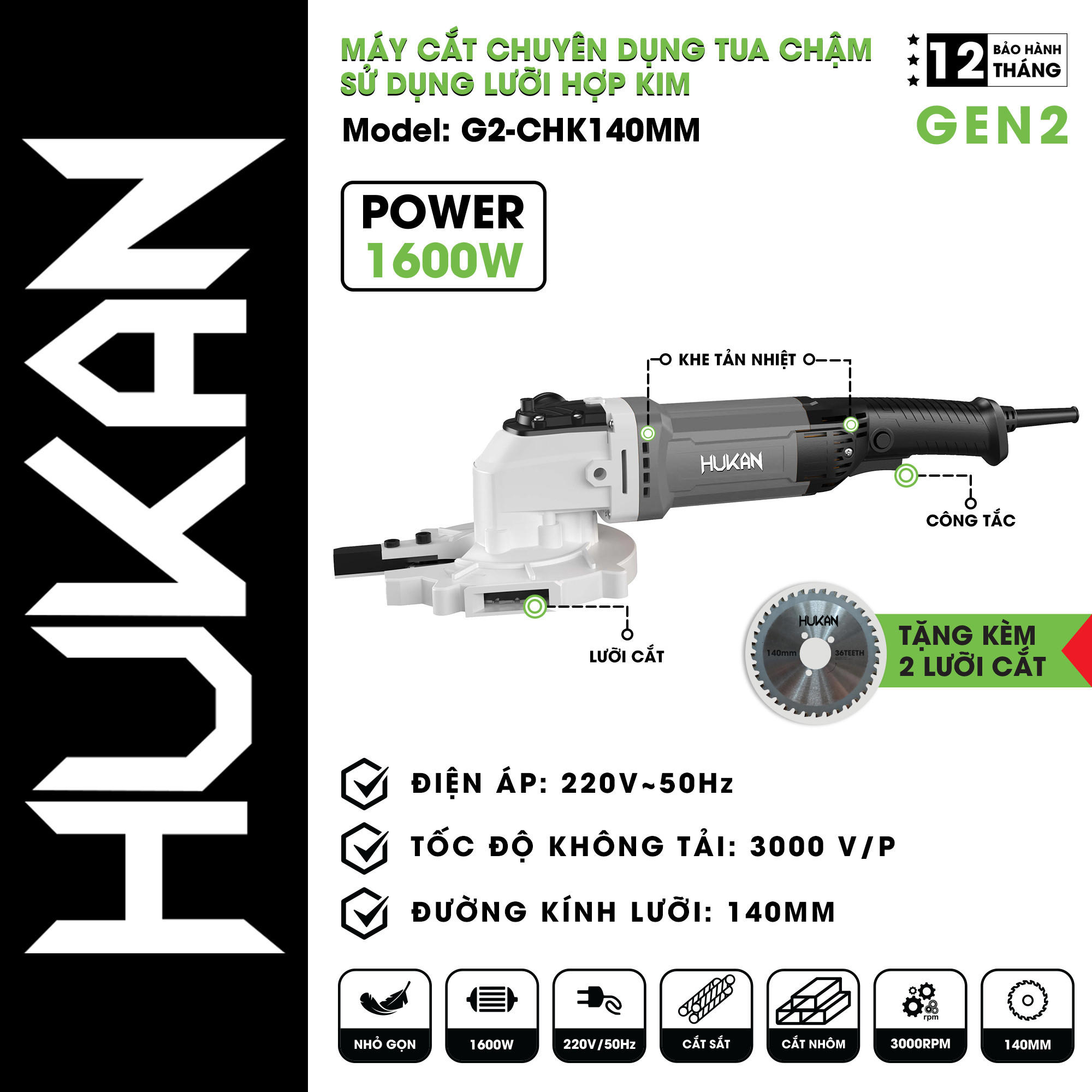 Máy Cắt Hợp Kim Tua Chậm HUKAN G2-CHK140MM (GEN 2)