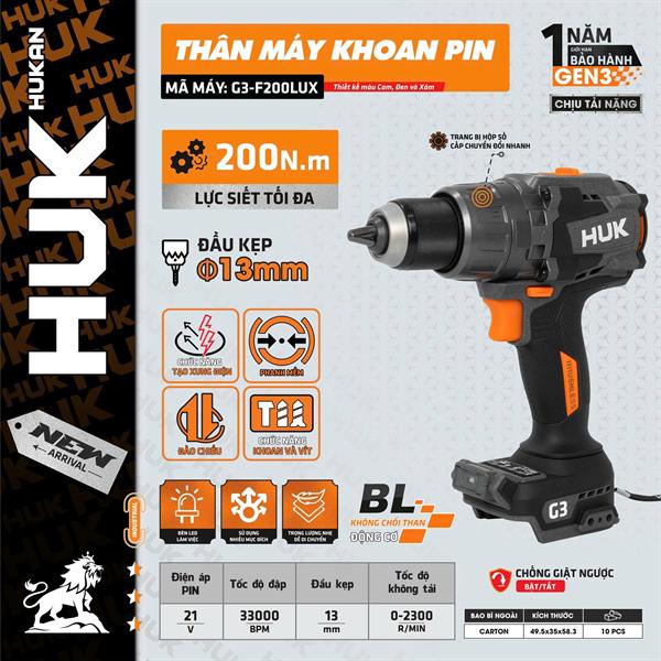 Thân Máy Khoan Pin HUK GEN 3 G3-F200LUX Lực Siết 200N.m Chính Hãng