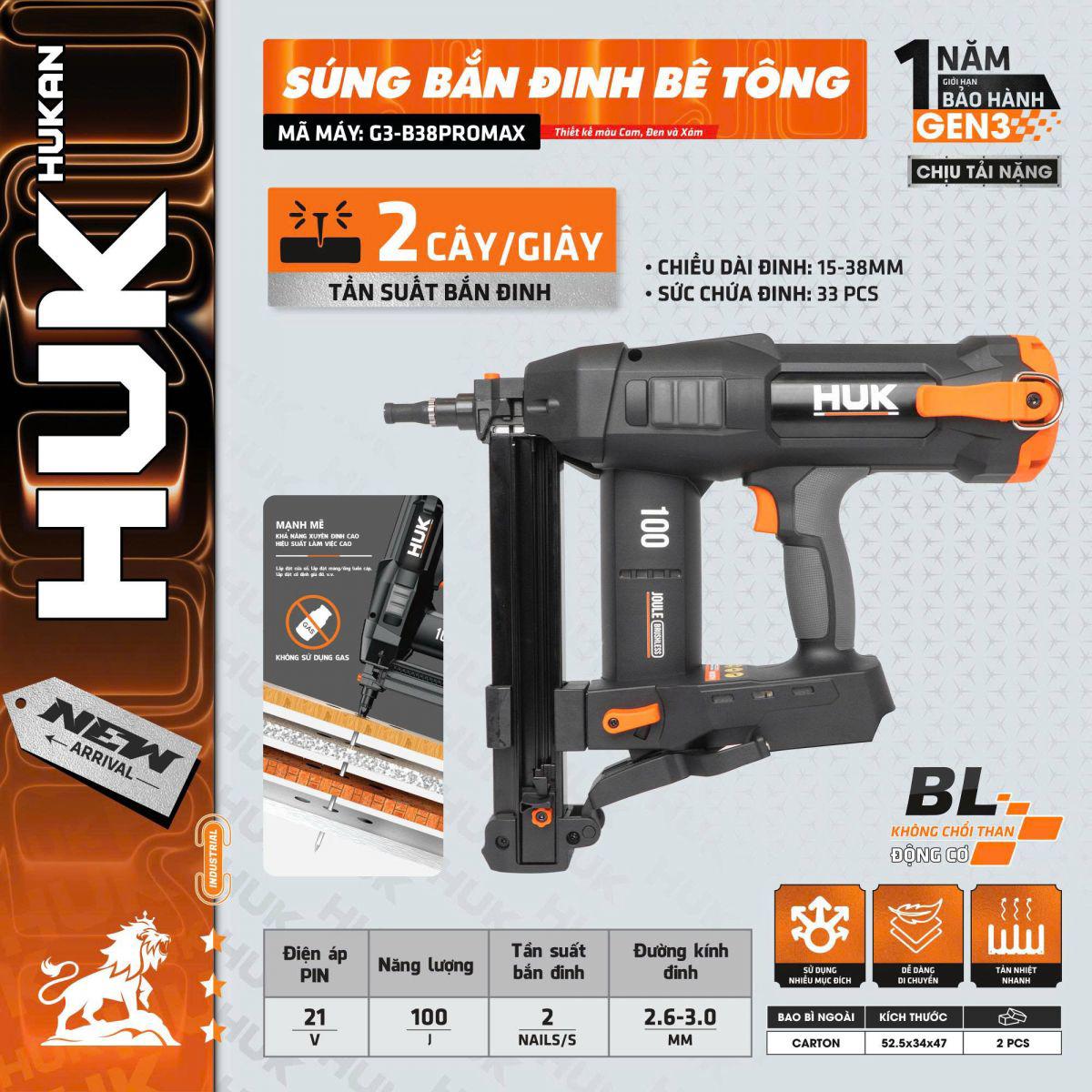 Thân Súng Bắn Đinh Bê Tông GEN 3 Hukan G3-B38PROMAX 100J, Không Chổi Than