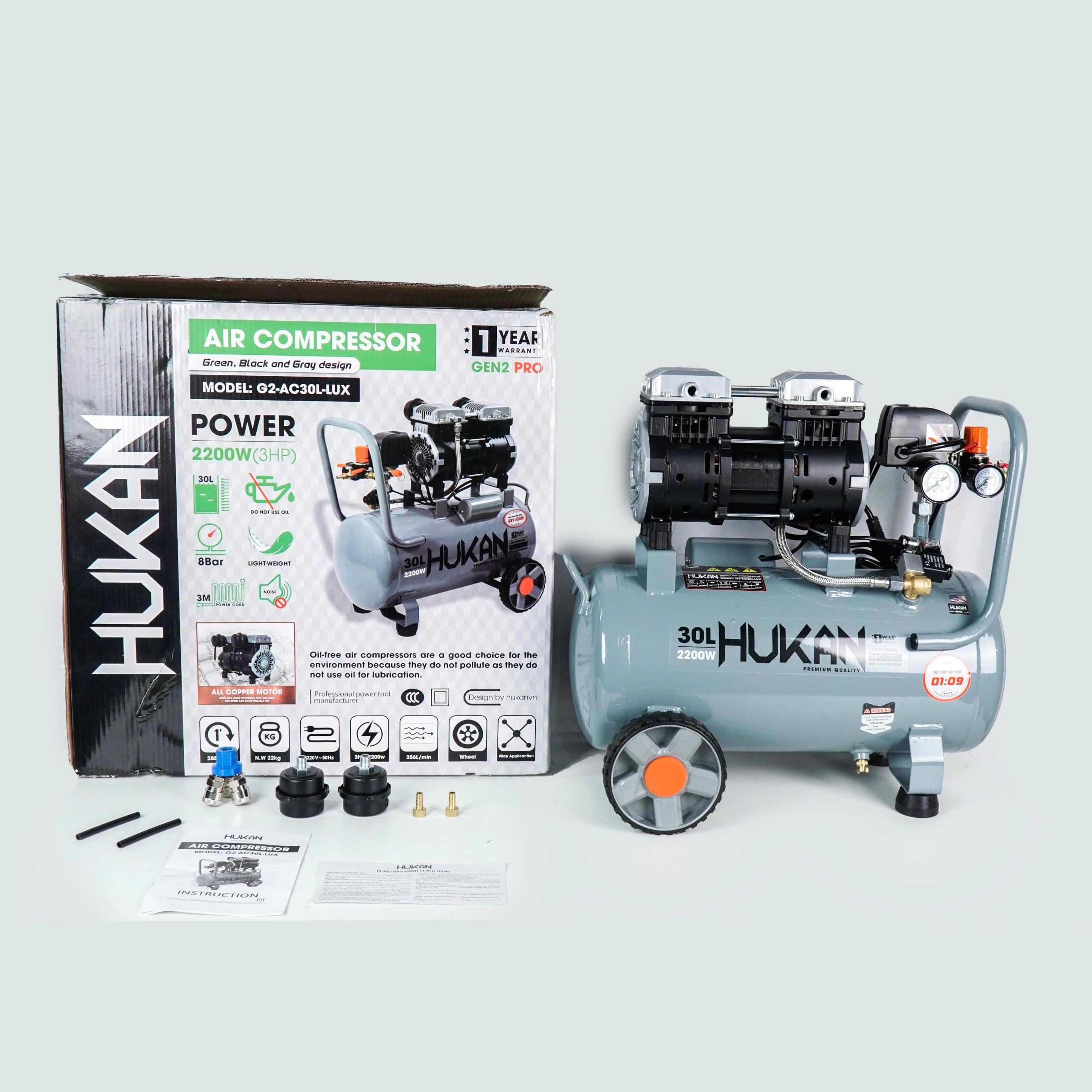 Máy Nén Khí Không Dầu Bình 30 Lít, Công Suất 3HP, Hukan GEN2 PRO G2-AC30L-LUX