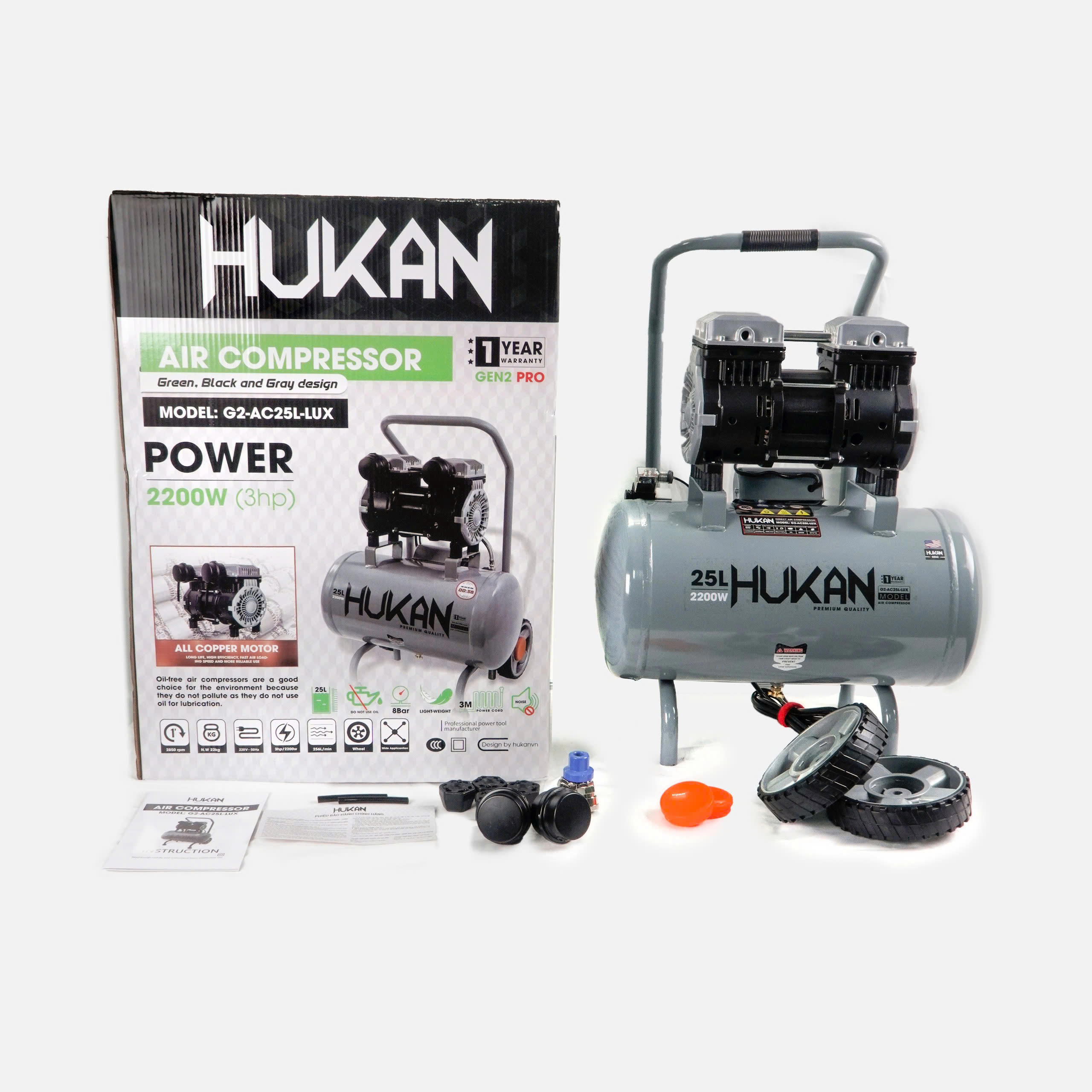 Máy Nén Khí Không Dầu 25 Lít, Công Suất 3HP, Hukan GEN2 PRO G2-AC25L-LUX