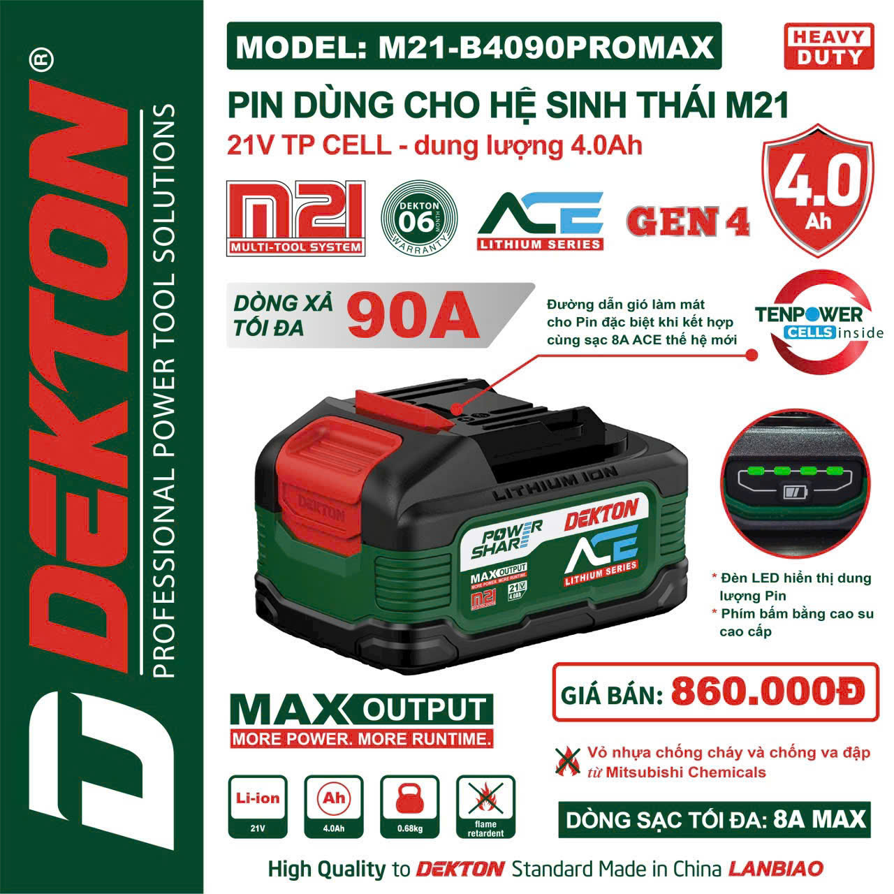 Pin Dekton Gen 4 M21-B4090PROMAX 21V 4.0Ah Dòng Xả Cao