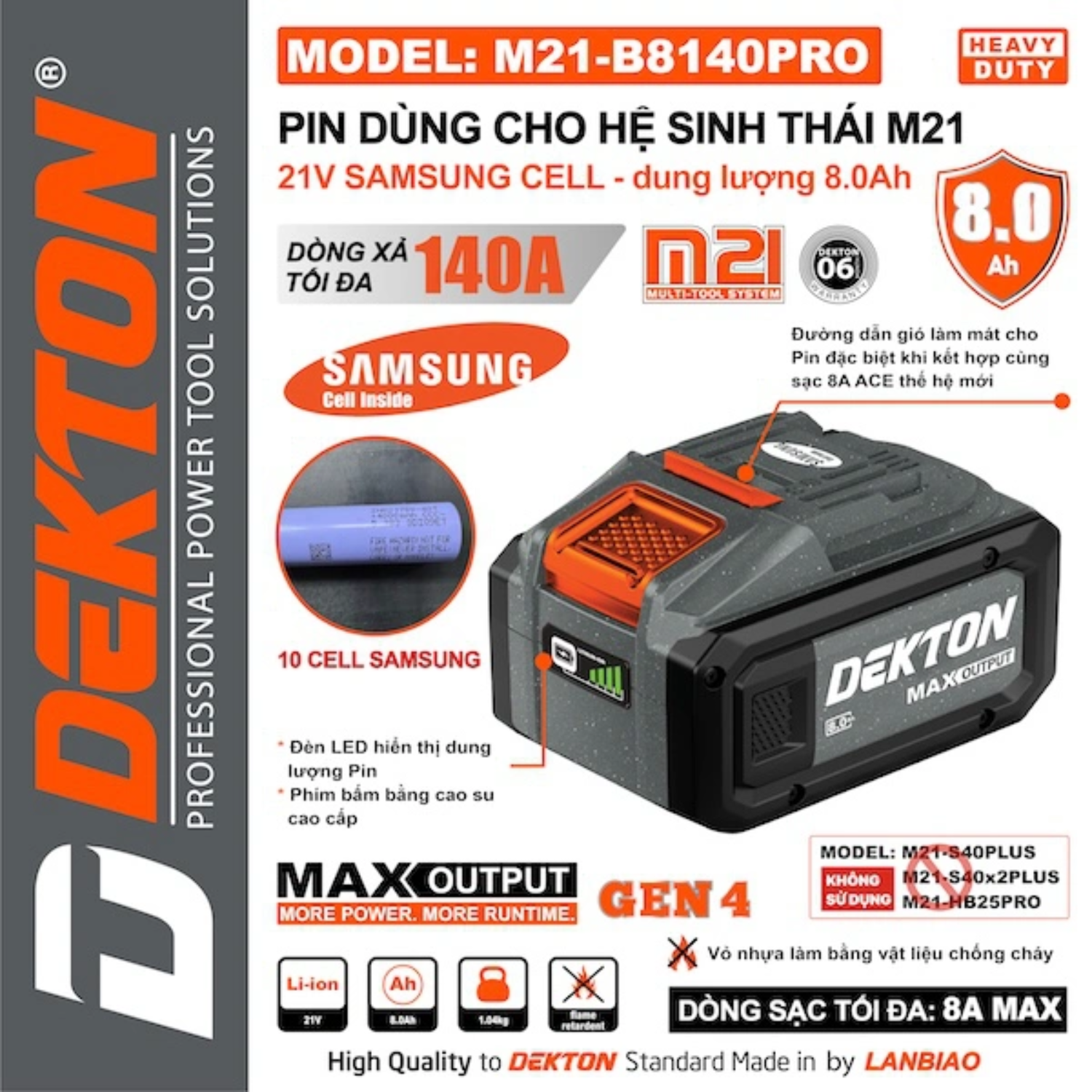 Pin Dekton 21V 8.0Ah M21-B8140PRO, Dòng Xả 140A
