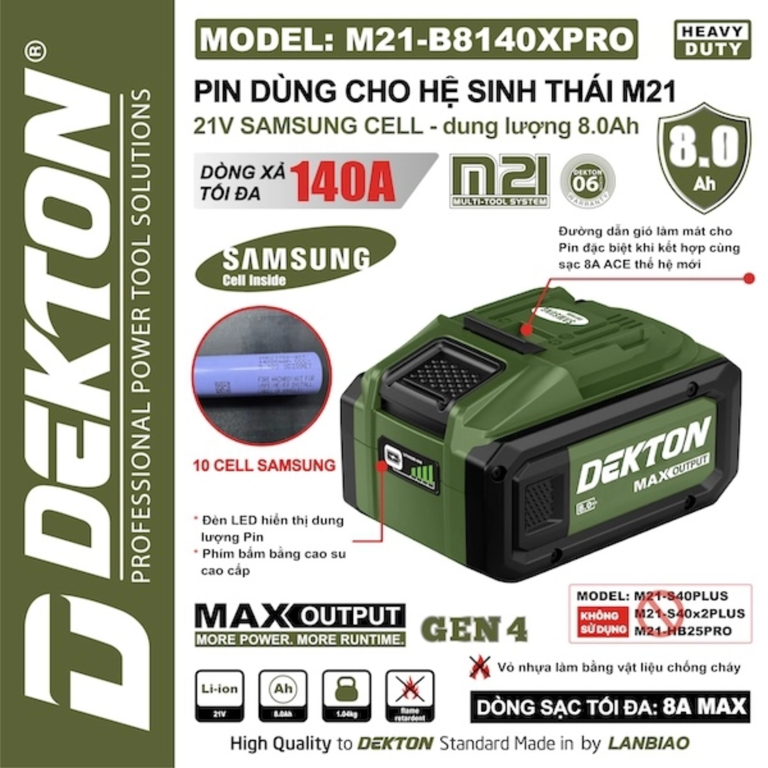 Pin Dekton 21V M21-B8140XPRO, Dung Lượng 8.0Ah, Dòng Xả 140A