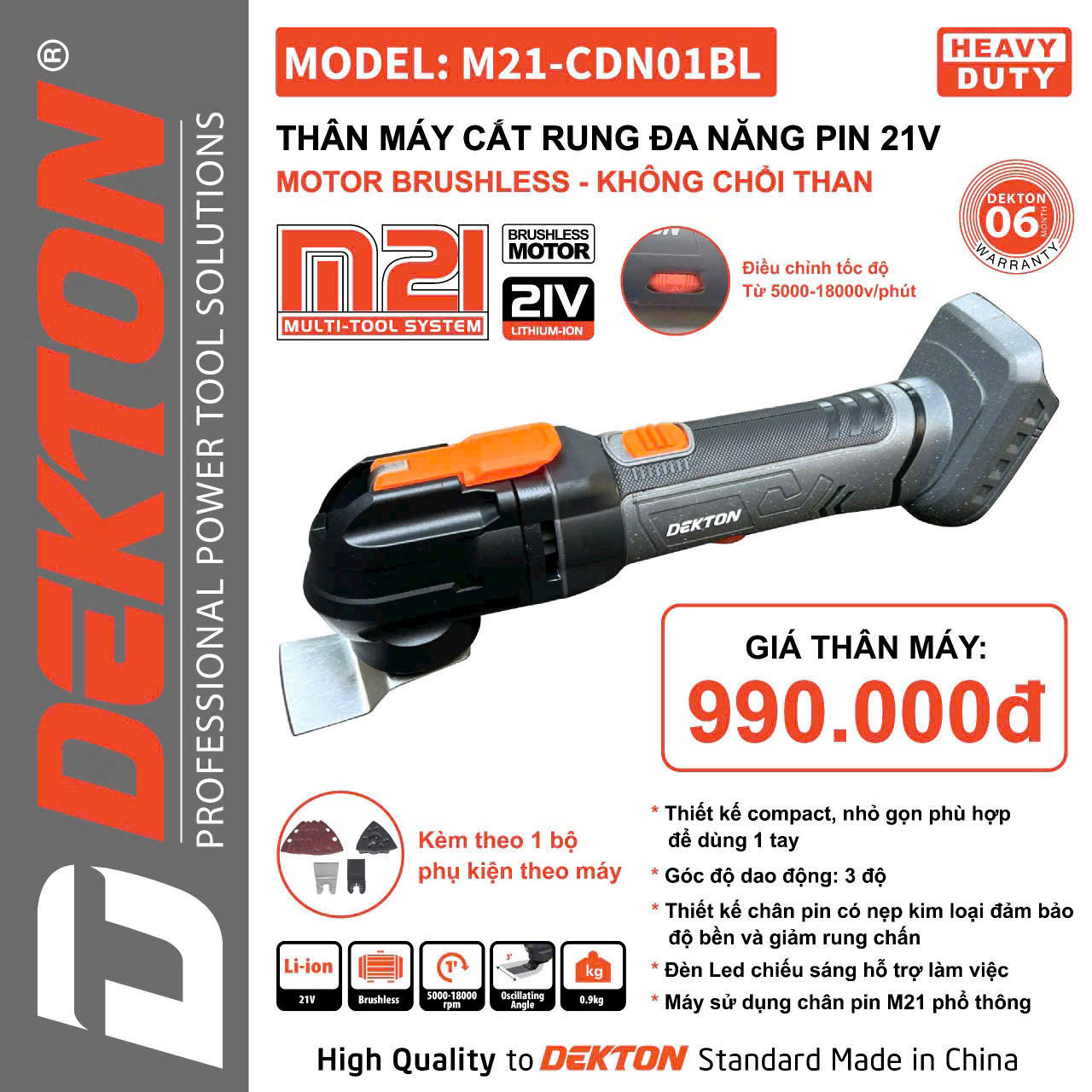 Máy Cắt Rung Đa Năng Dekton M21-CDN01BL, M21-CDN01XBL 18000RPM, Dùng Pin 21V, Không Chổi Than