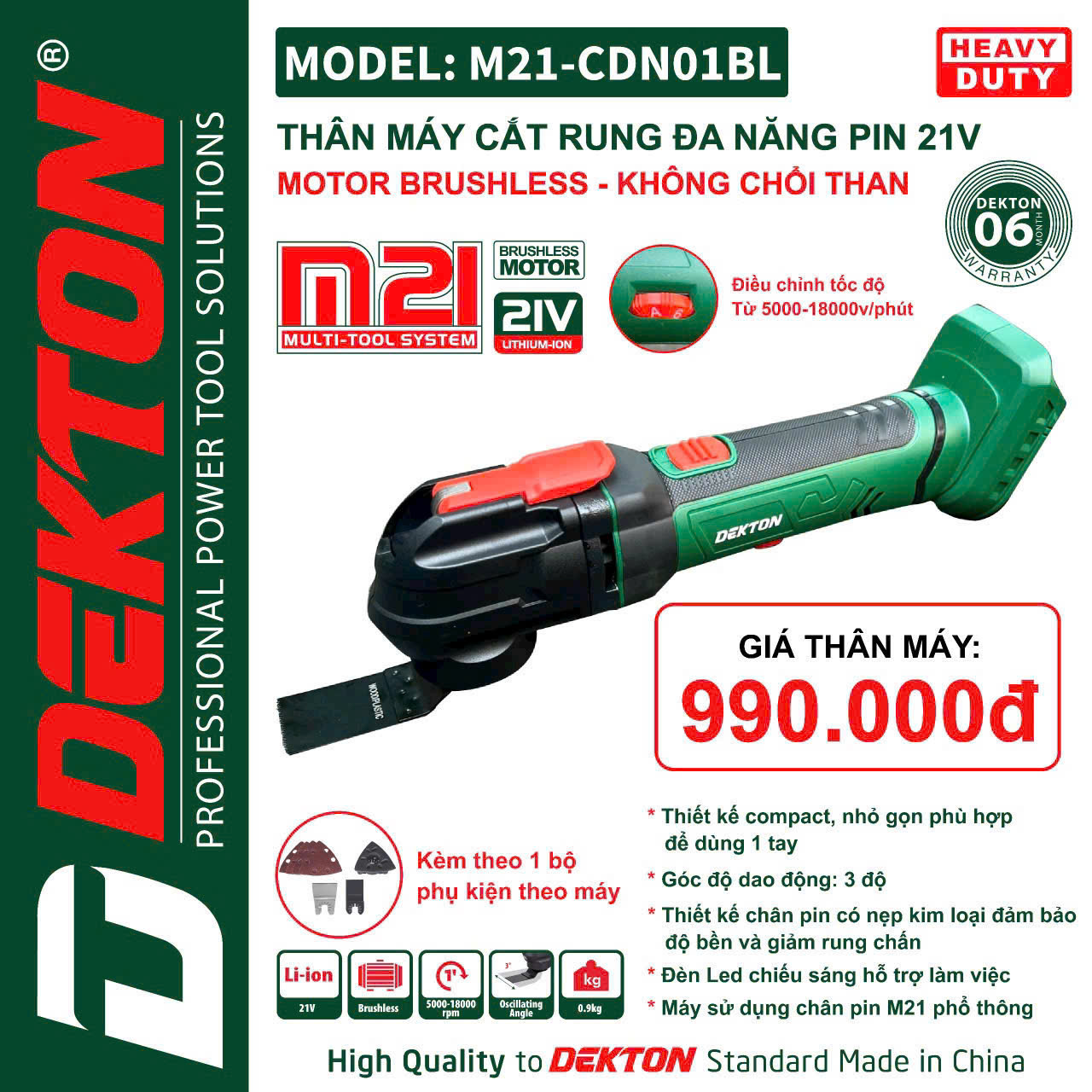 Máy Cắt Rung Đa Năng Dekton M21-CDN01BL, M21-CDN01XBL 18000RPM, Dùng Pin 21V, Không Chổi Than