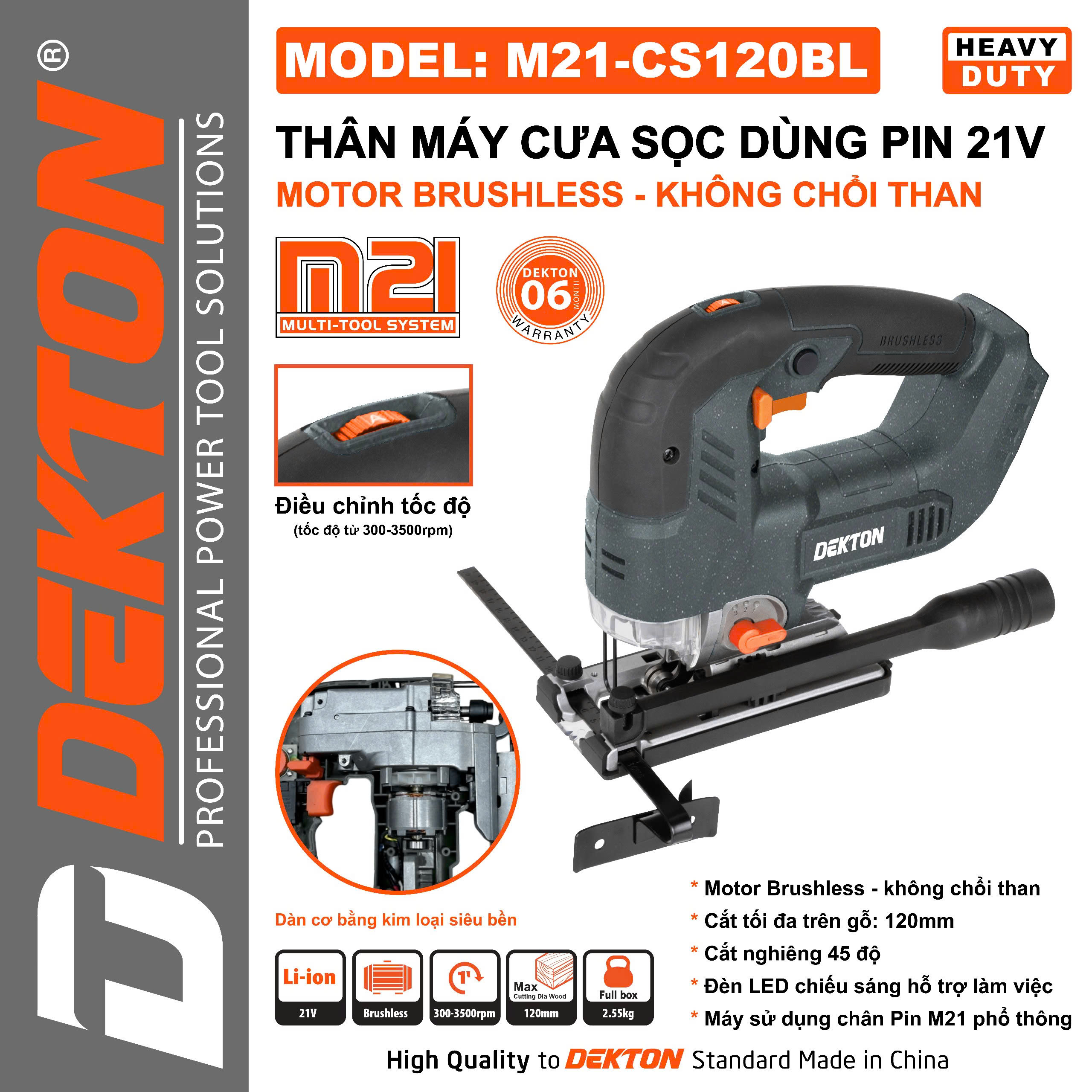 Thân Máy Cưa Sọc Dùng Pin 21V Dekton M21-CS120BL - Cắt Gỗ 120mm