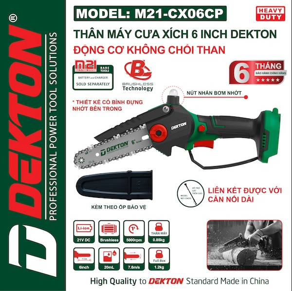 Máy Cưa Xích Pin 6 Inch Dekton M21-CX06CP, Có Bình Nhớt, Động Cơ Không Chổi Than