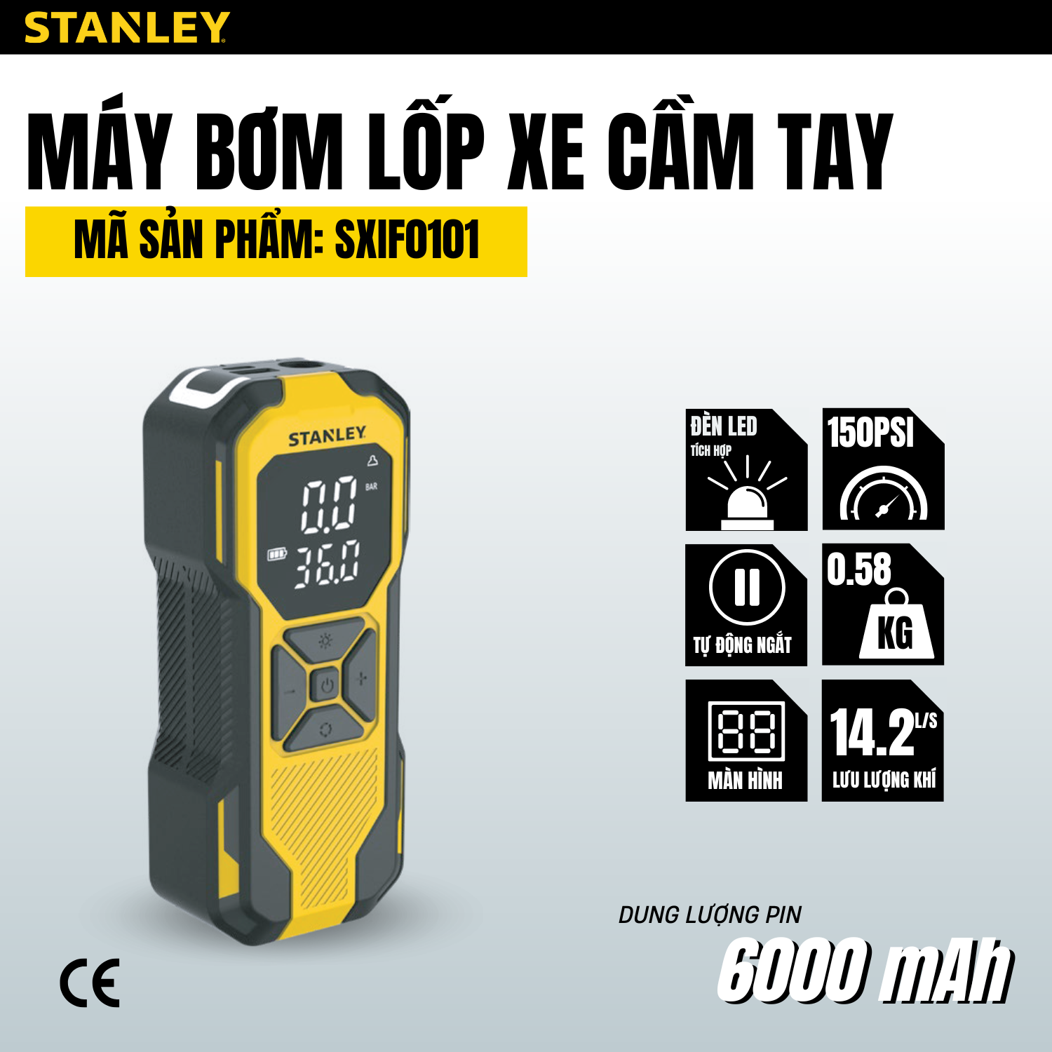 Máy Bơm Xe đa Năng Mini Stanley SXIF0101 Tích Hợp đèn Pin, Sạc Dự Phòng