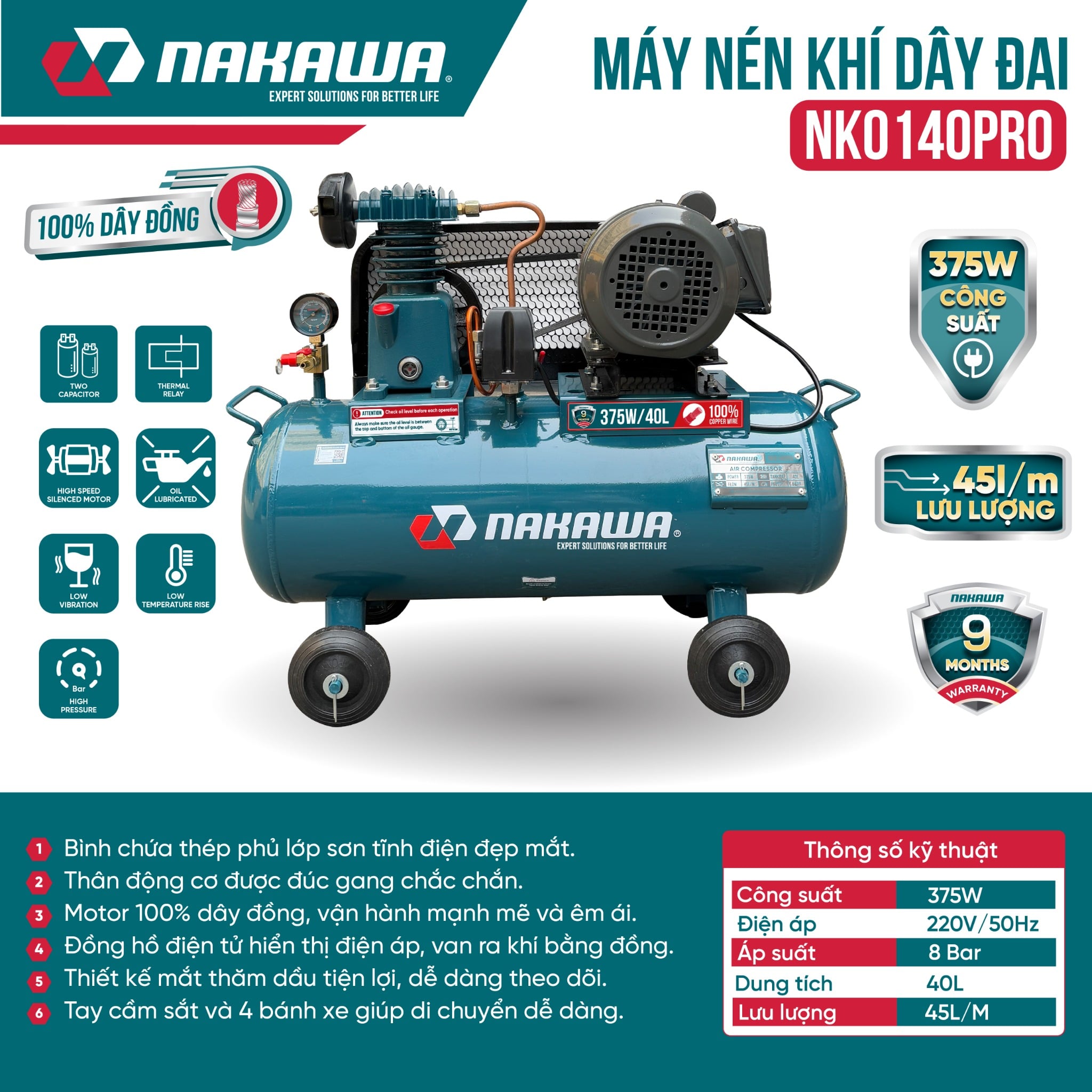 Máy Nén Khí Có Dầu 40L Nakawa NK0140PRO, Công Suất 1/2HP, Bảo Hành 9 Tháng Chính Hãng