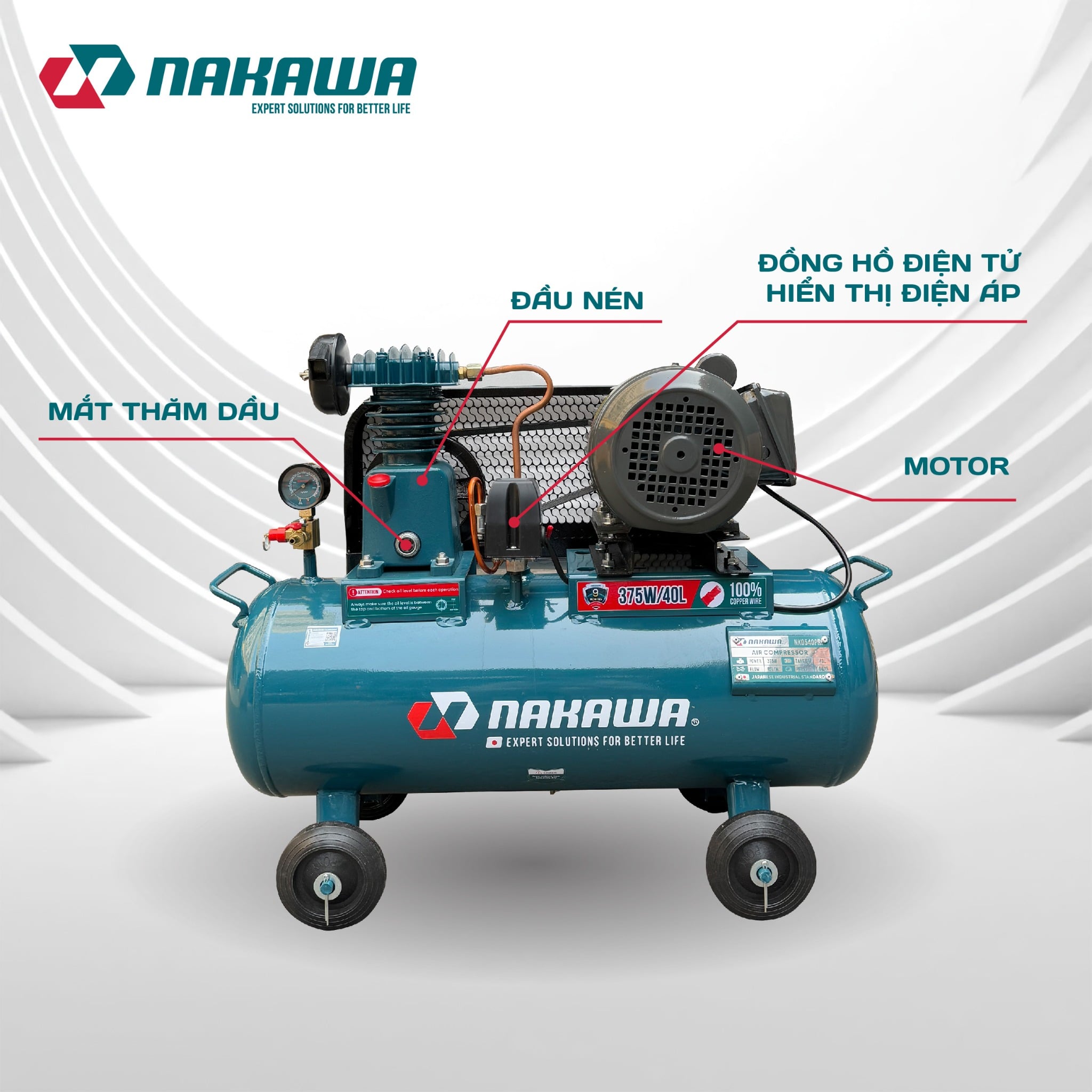 Máy Nén Khí Có Dầu 40L Nakawa NK0140PRO, Công Suất 1/2HP, Bảo Hành 9 Tháng Chính Hãng