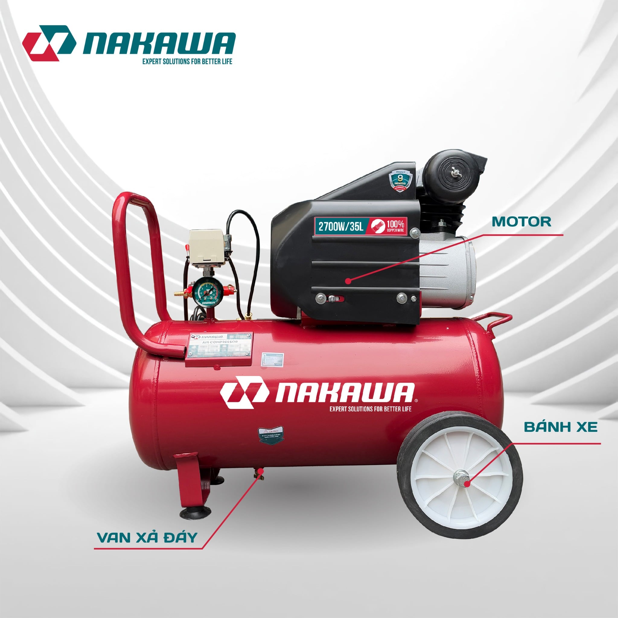 Máy Nén Khí Có Dầu 35L Nakawa ,NK35PRO Công Suất 3.6HP, Bảo Hành 9 Tháng Chính Hãng