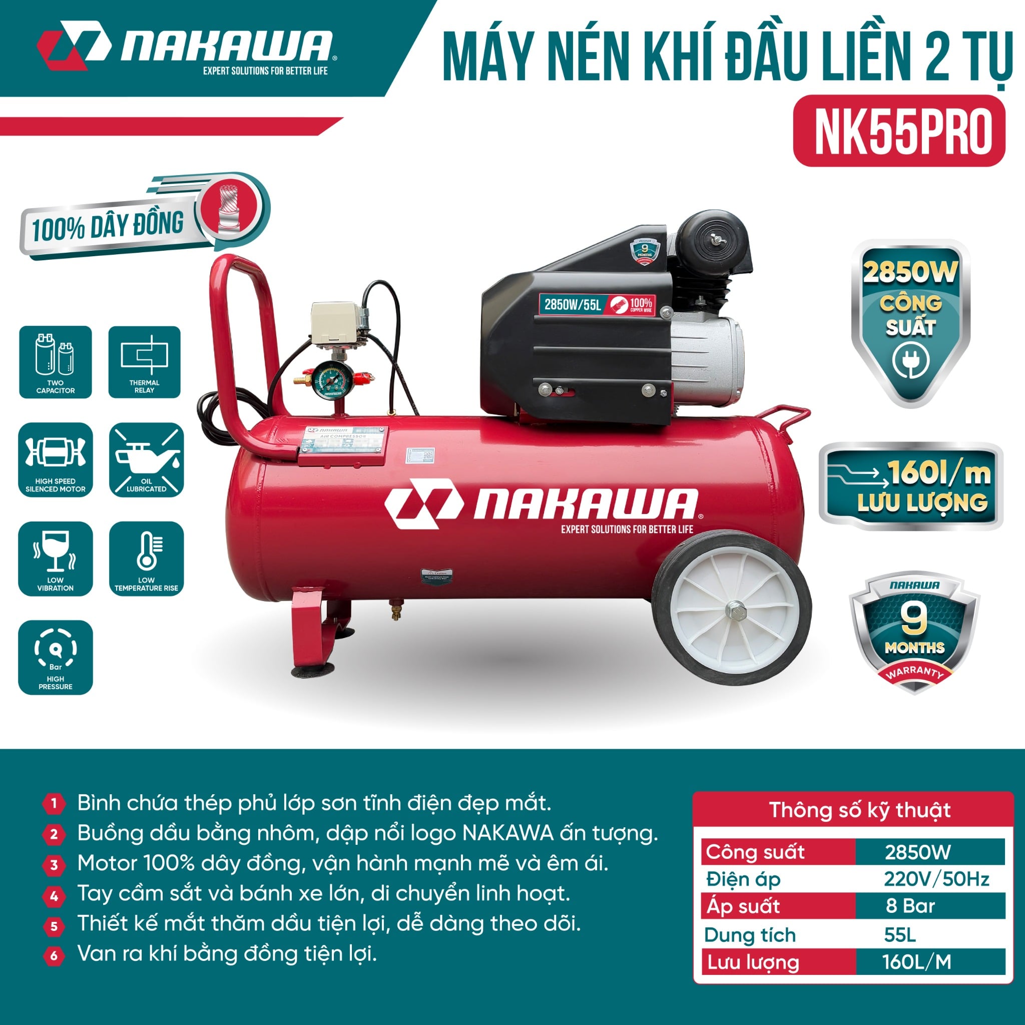 Máy Nén Khí Có Dầu 55L Nakawa NK55PRO, Công Suất 3.8HP, Bảo Hành 9 Tháng Chính Hãng