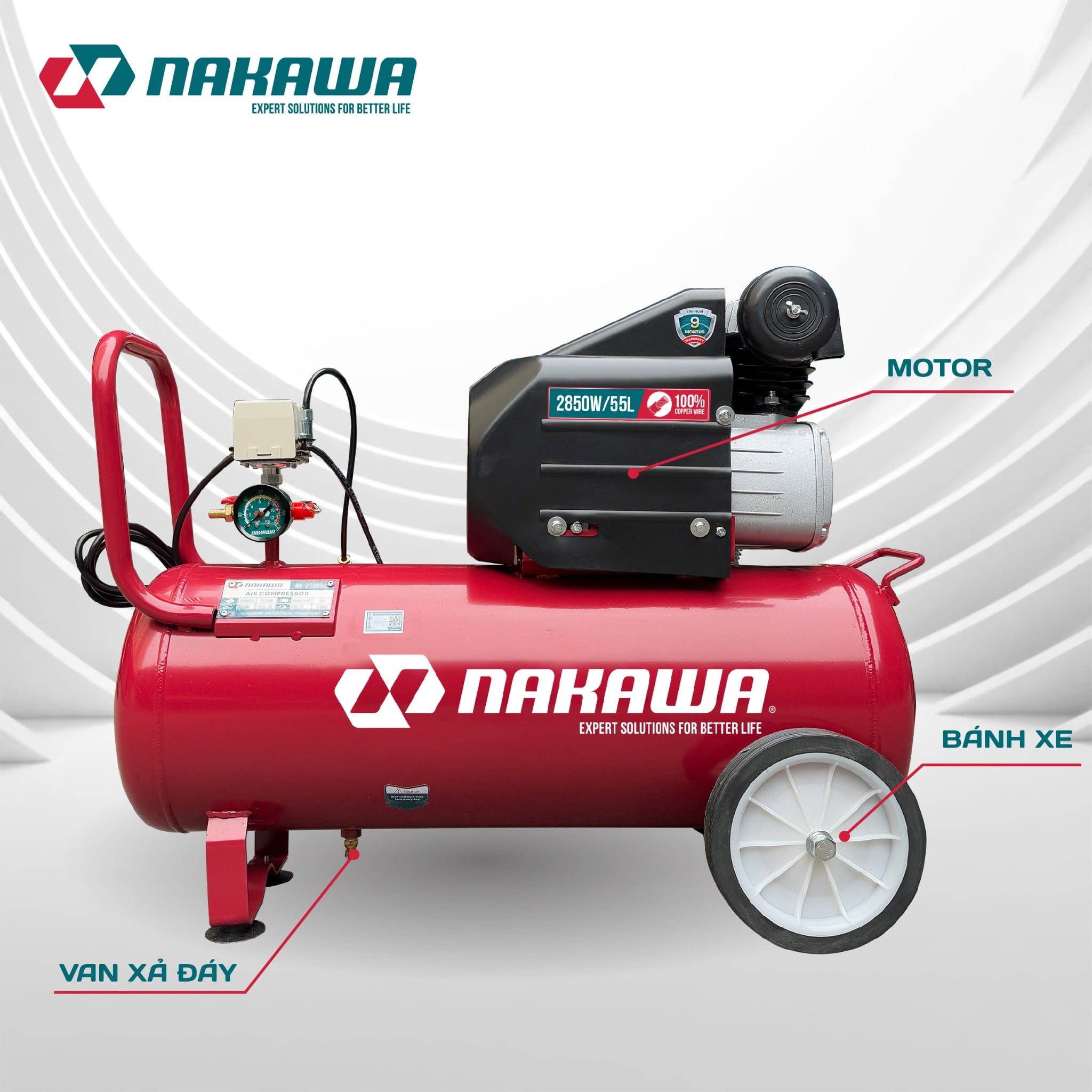Máy Nén Khí Có Dầu 55L Nakawa NK55PRO, Công Suất 3.8HP, Bảo Hành 9 Tháng Chính Hãng