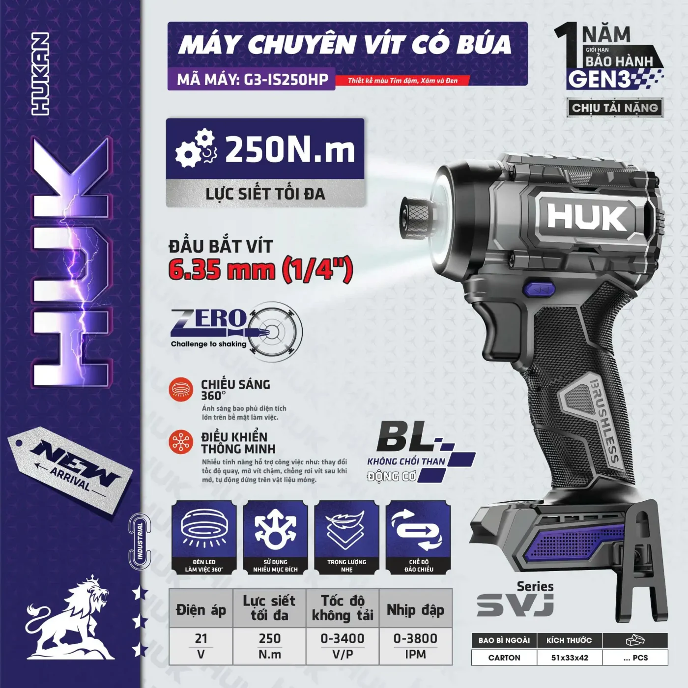 Máy Chuyên Vít Pin 21V Hukan G3-IS250HP động Cơ Brushless Lực Siết 250Nm