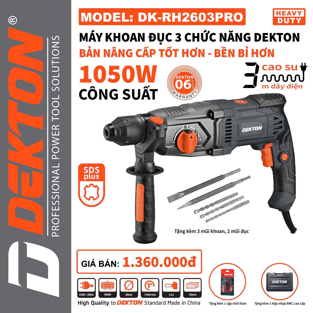 Máy Khoan Bê Tông 3 Chức Năng 1050W Dekton DK-RH2603PRO