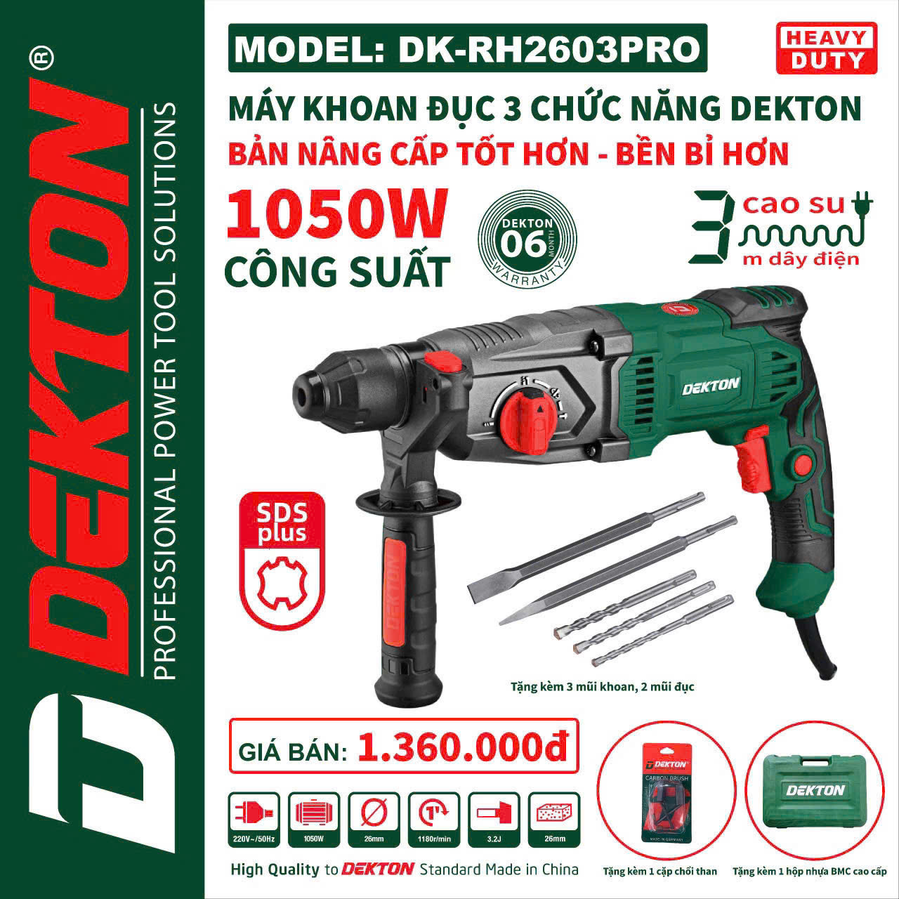 Máy Khoan Bê Tông 3 Chức Năng 1050W Dekton DK-RH2603PRO