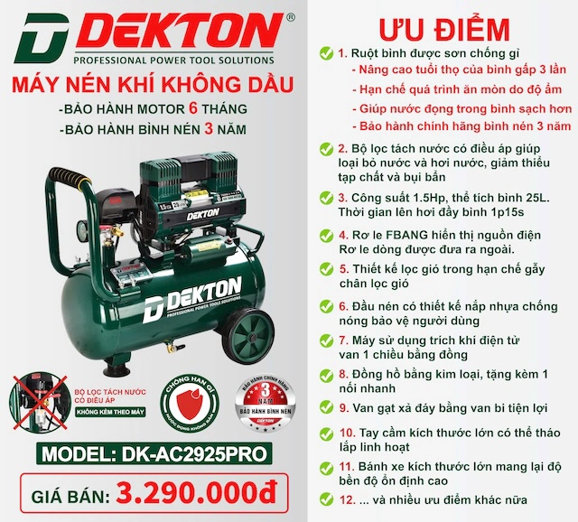 Máy Nén Khí Không Dầu 1.5HP 25L DEKTON DK-AC2925PRO Ruột Bình Sơn Chống Rỉ Sét