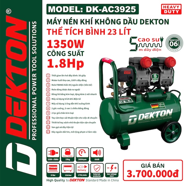 Máy Nén Khí Không Dầu Dekton DK-AC3925 Công Suất 1.8HP - Bính Chứa 23 Lít