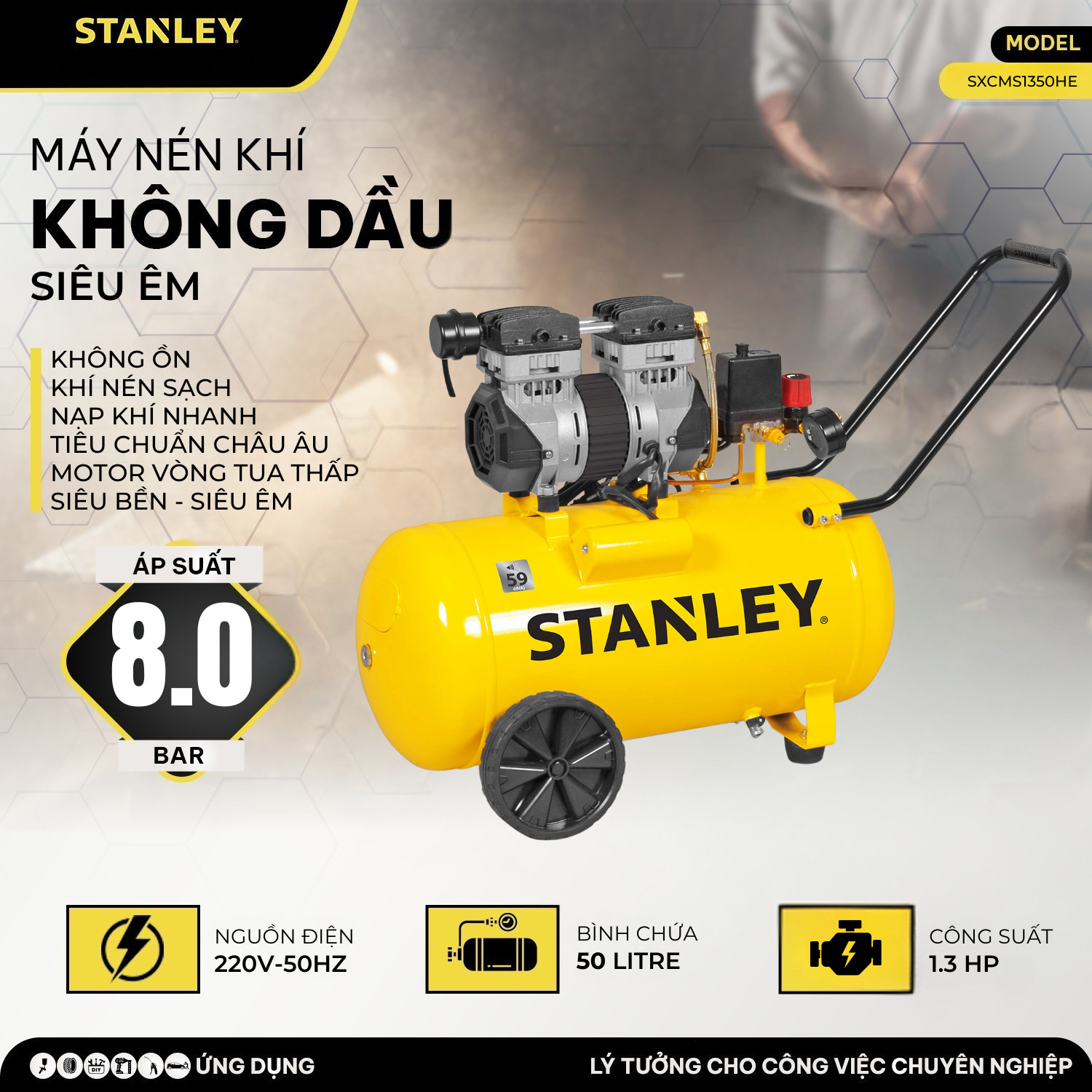 Máy Nén Khí Không Dầu 50 Lít Stanley SXCMS1350HE, Công Suất 1.3Hp