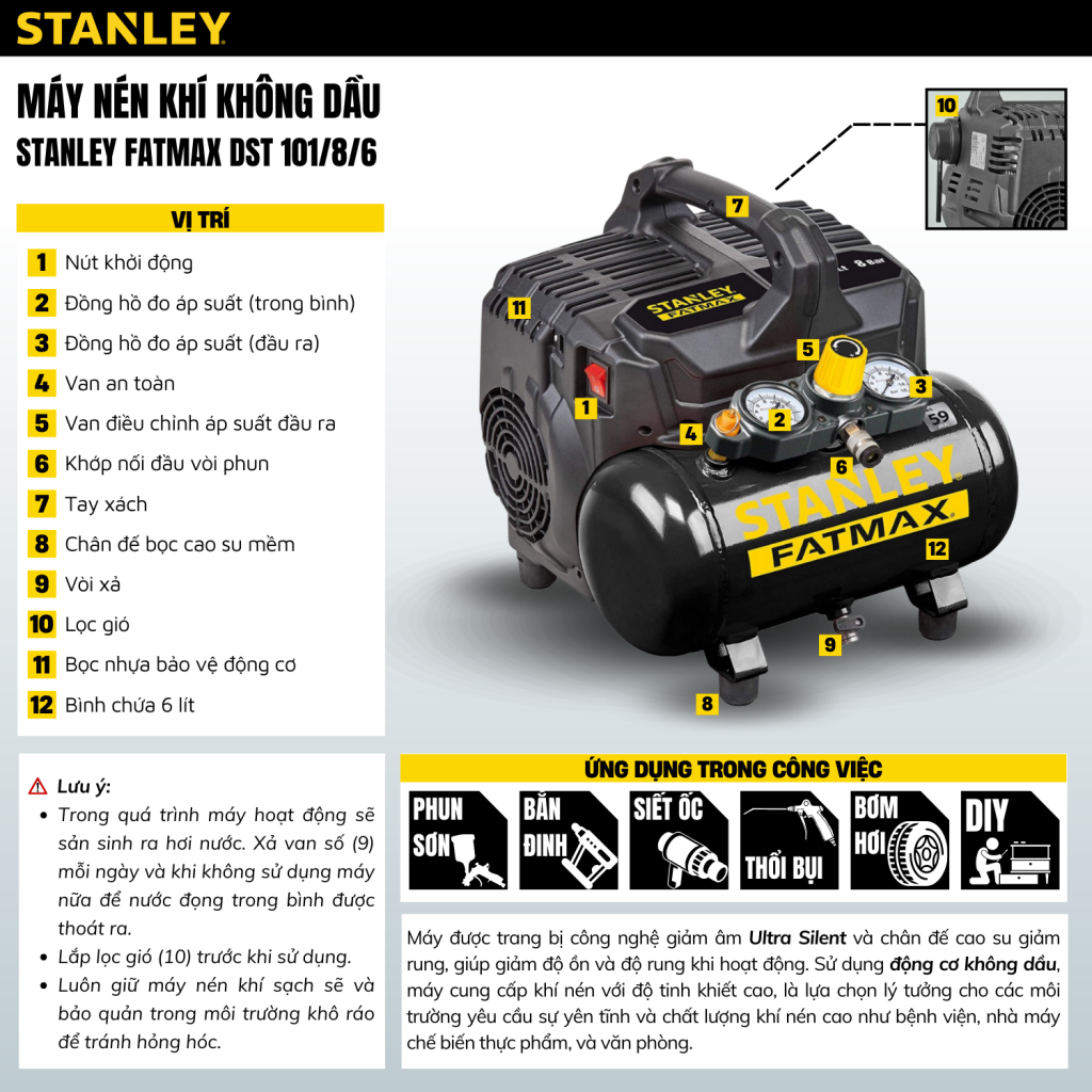 Máy Nén Khí Không Dầu 6L Stanley Fatmax DST101/8/6