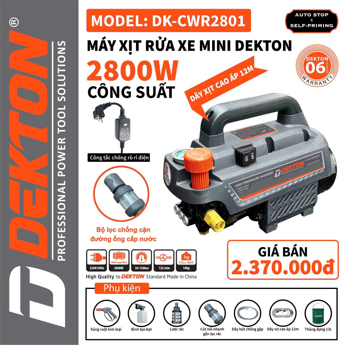 Máy Rửa Xe Dekton Công Suất 2800W Chống Giật  DK-CWR2801