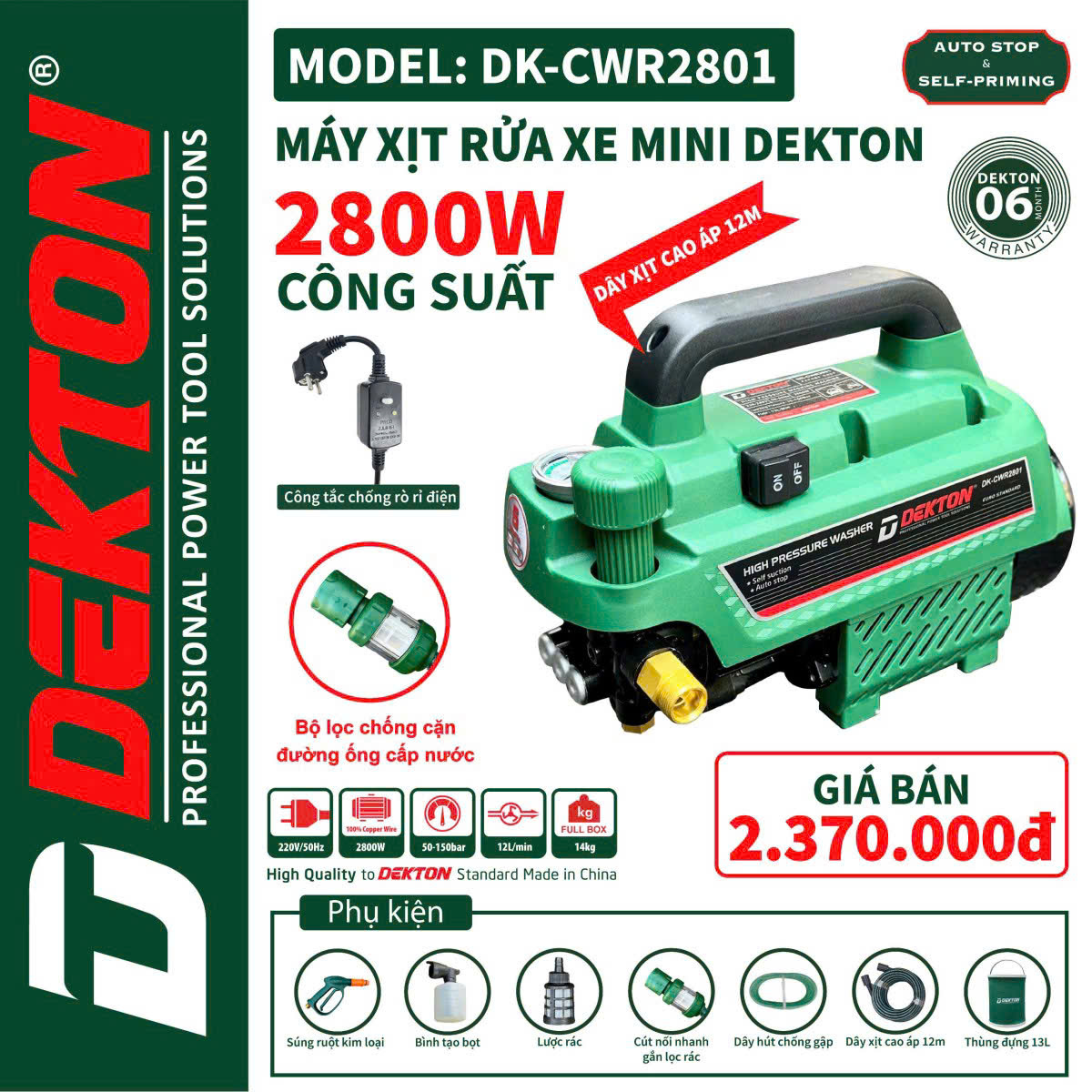 Máy Rửa Xe Dekton Công Suất 2800W Chống Giật  DK-CWR2801
