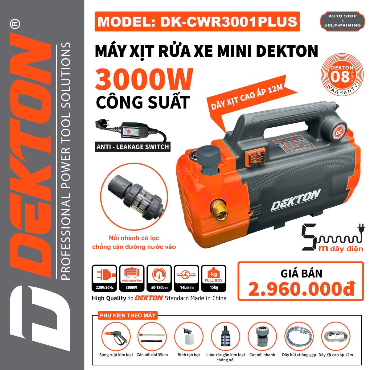Máy Rửa Xe Chỉnh áp Mini Dekton Công Suất 3000W - DK CWR3000Plus