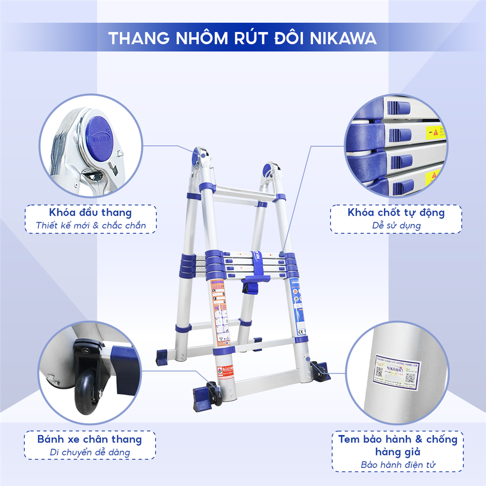 Thang Nhôm Rút Đôi Chữ A 3.8M 6 Bậc NIKAWA NK-38AI-Pri