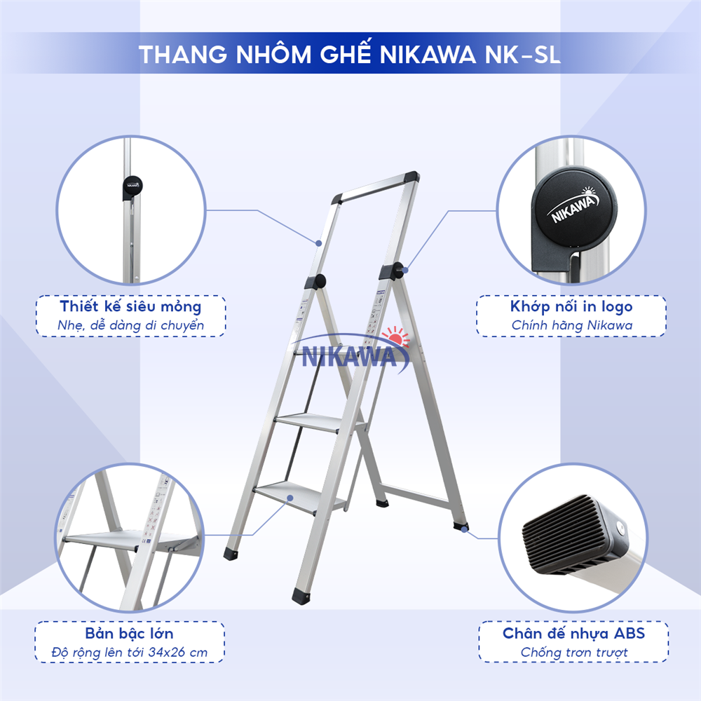 Thang Ghế Nhôm Siêu Mỏng 3 Bậc Cao 1m3 Nikawa NK-3SL