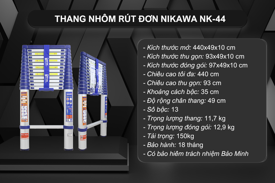 Thang Nhôm Rút đơn 4m4 Nikawa NK-44, Tải Trọng 150kg, Bảo Hành 18 Tháng
