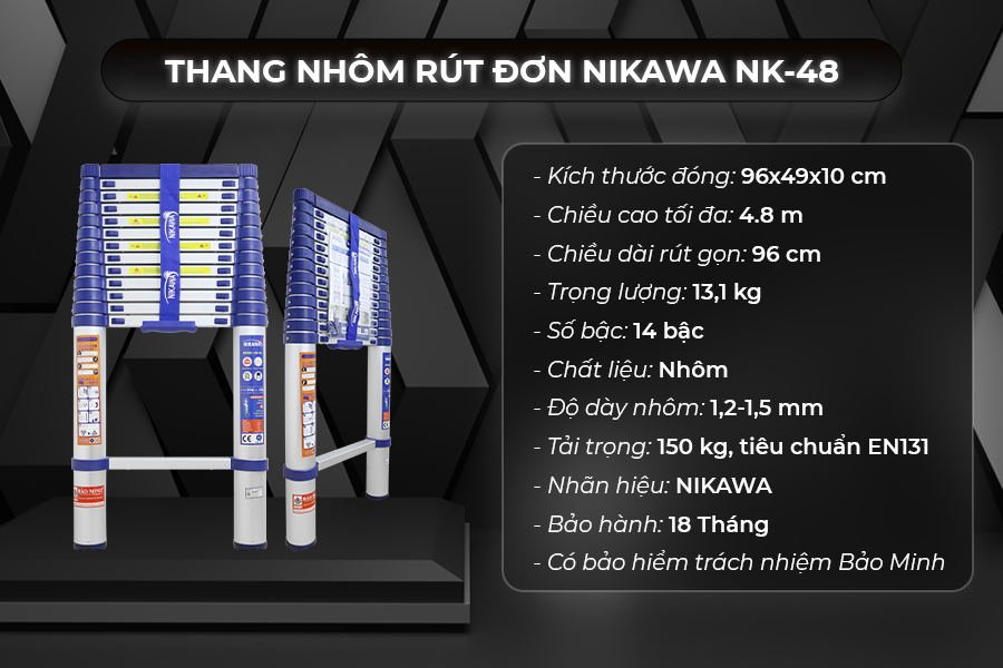 Thang Nhôm Rút Đơn 4m8 Nikawa NK-48 Tải Trọng 150Kg