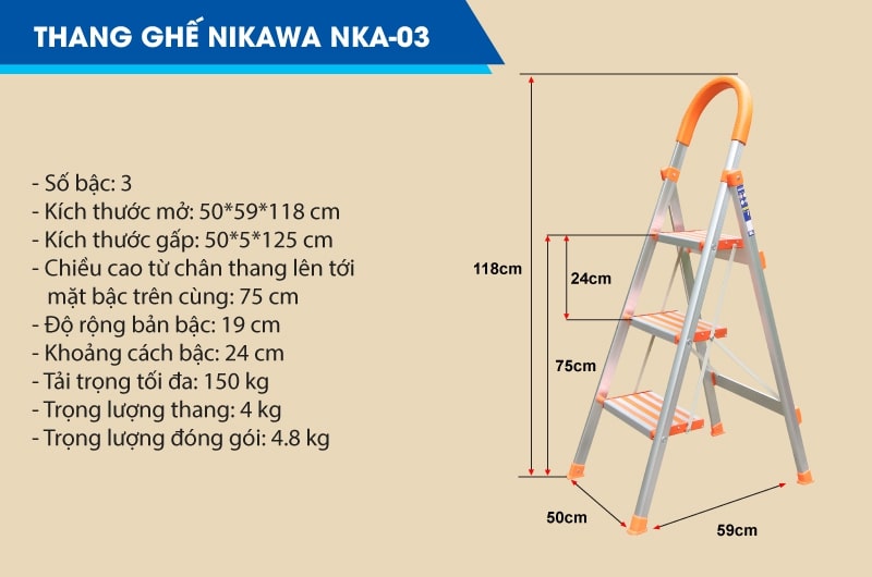 Thang Ghế Nhôm 3 Bậc Cao Nikawa 1m8 Nikawa NKA-03