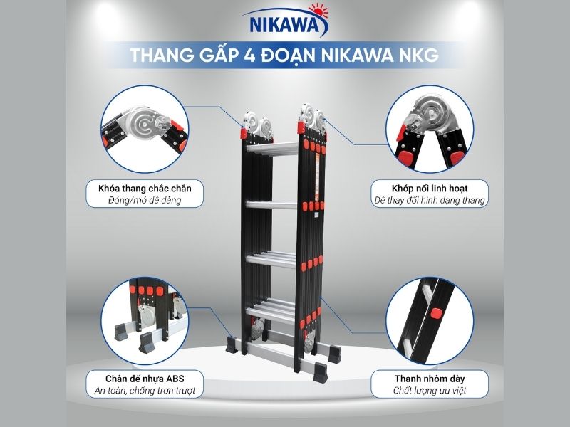 Thang Nhôm Gấp đoạn Nikawa NKG-43, Cao 178 Cm, Bảo Hành 150kg