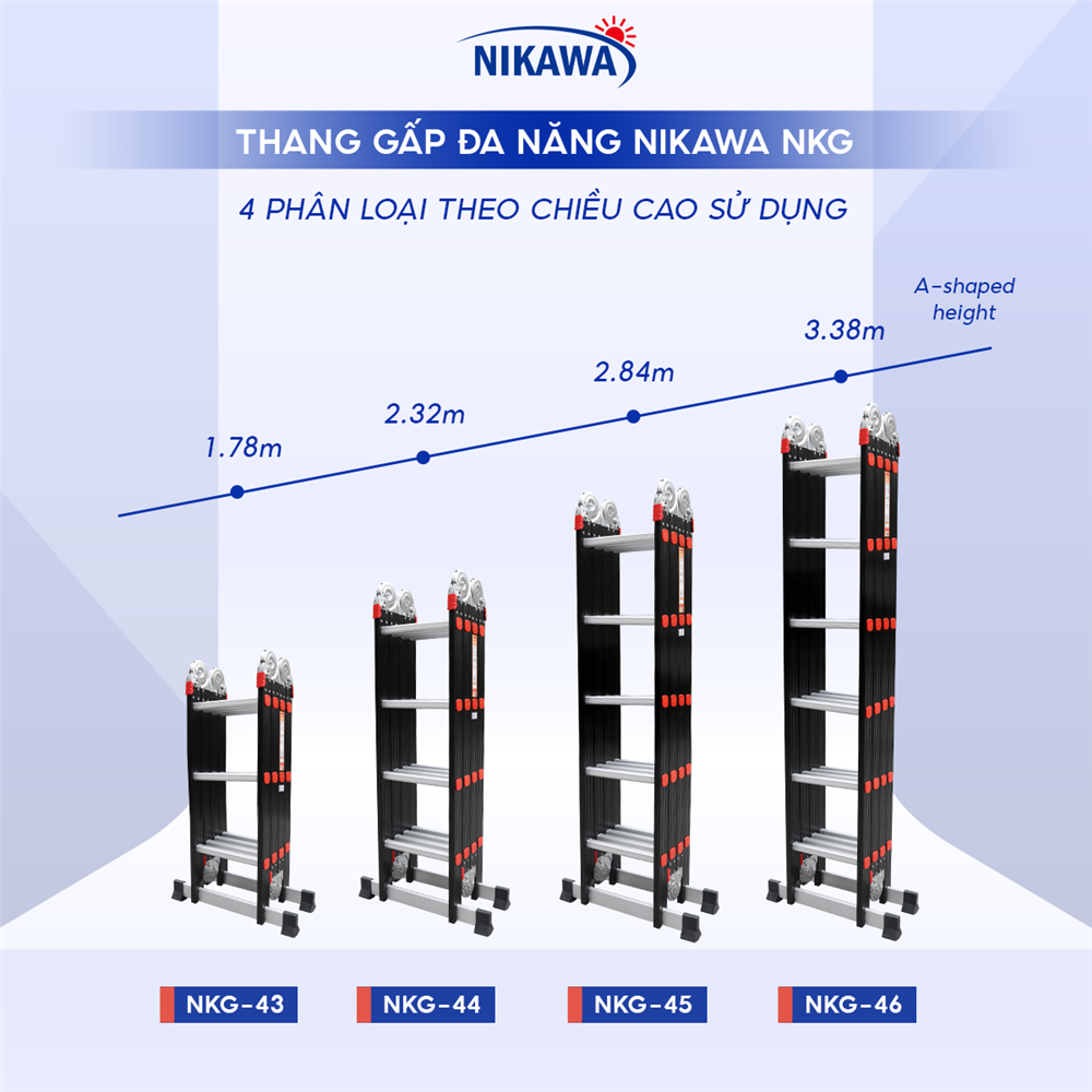 Thang Nhôm Gấp đoạn 4 Khúc Nikawa NKG-46, Cao Chữ A 3m38, Cao Chữ I 7m