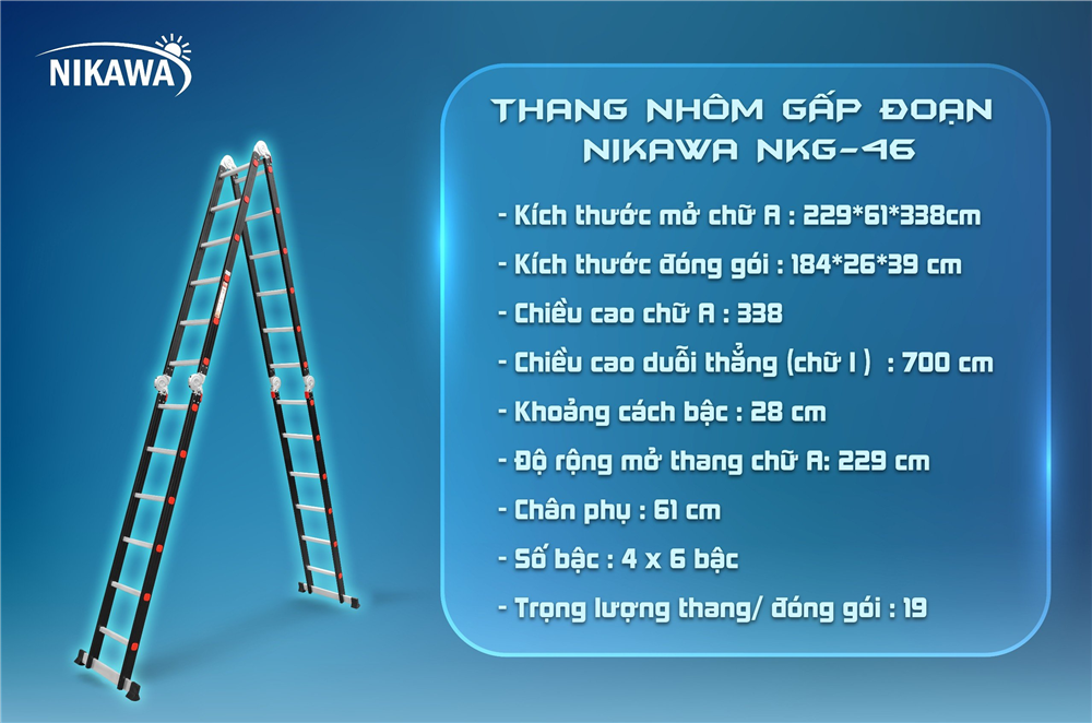 Thang Nhôm Gấp đoạn 4 Khúc Nikawa NKG-46, Cao Chữ A 3m38, Cao Chữ I 7m