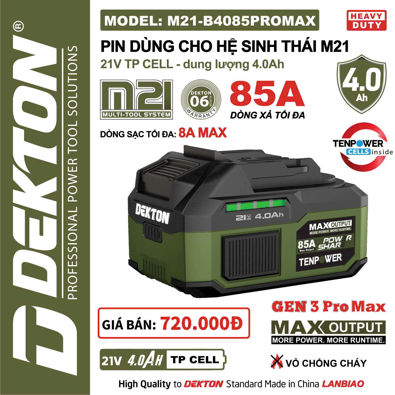 Pin 4Ah Dekton Chân Phổ Thông B4085PROMAX M21-B4085PROMAX - Dòng Xả Cao 85A Chính Hãng
