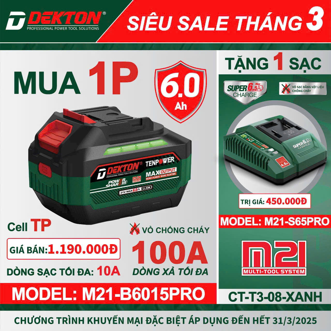Pin Dekton 21V 6.0Ah M21-B6015PRO