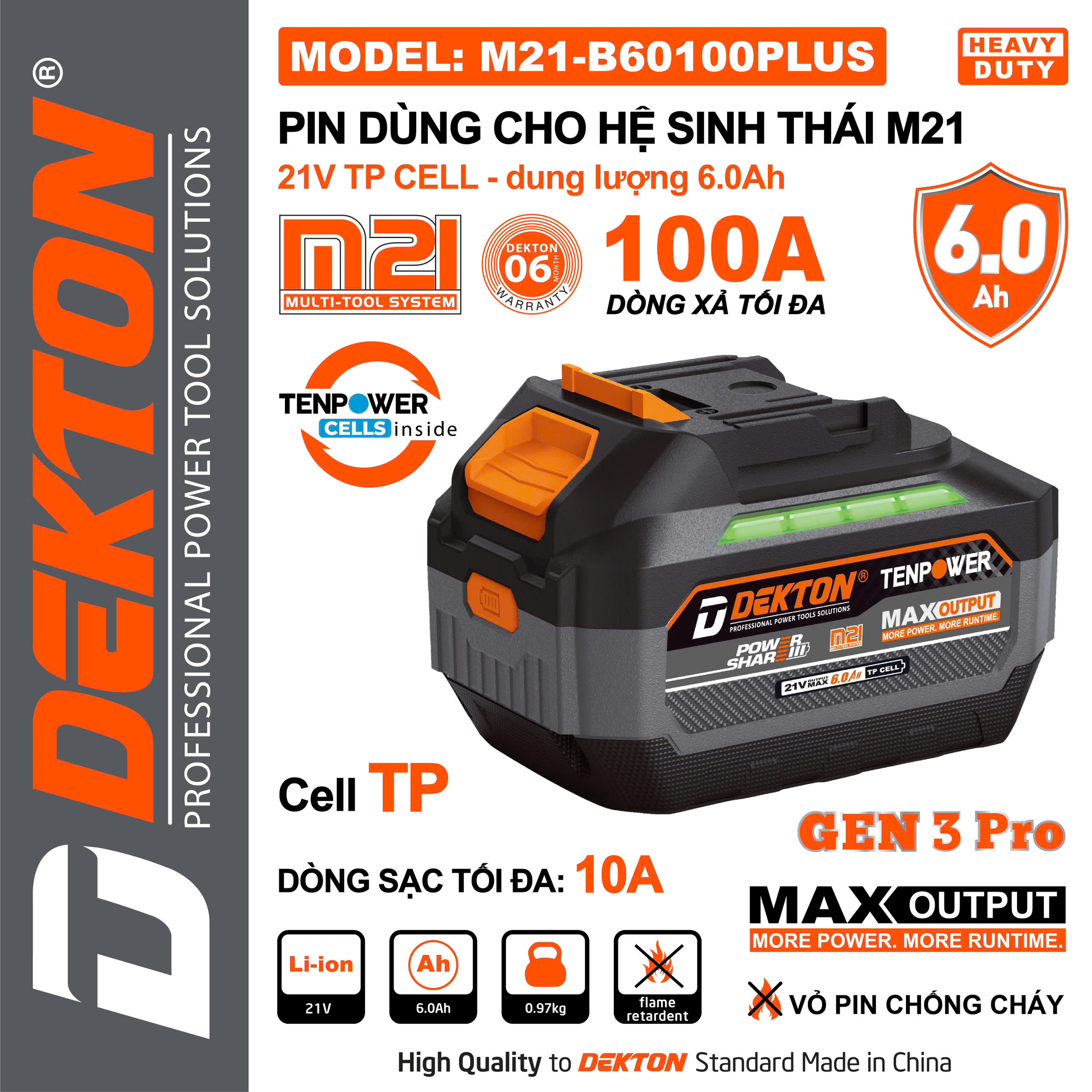 Pin Dekton M21-B60100PLUS 21V 6.0Ah Dòng Xả 100A Cell TP