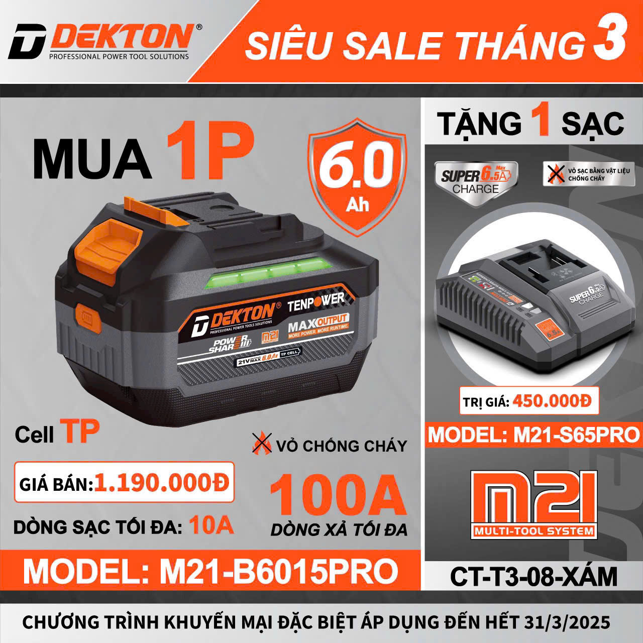 Pin Dekton 21V 6.0Ah M21-B6015PRO