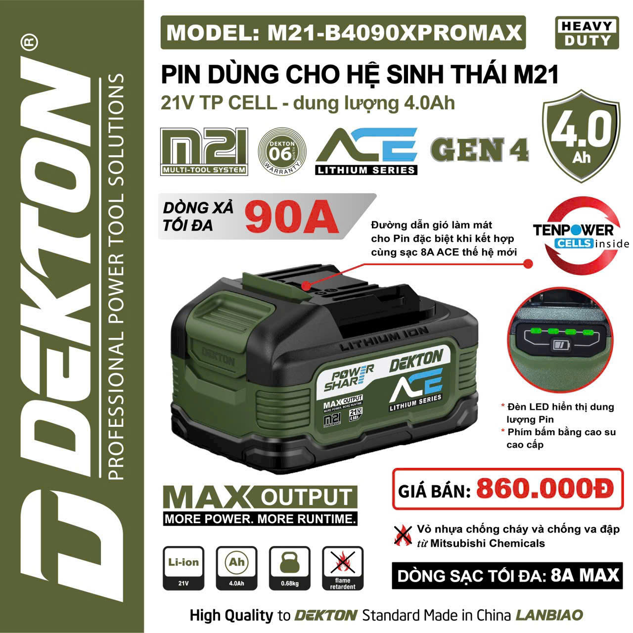 Pin Dekton Gen 4 M21-B4090XPROMAX 21V 4.0Ah Dòng Xả Cao