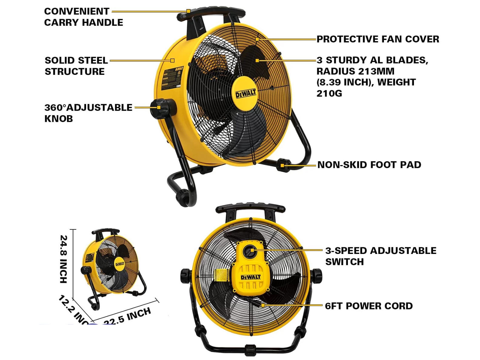 Quạt Sàn Công Nghiệp 18 Inch DeWalt DXF1832, Công Suất 100W, Lưu Lượng Gió 77.000 L/M
