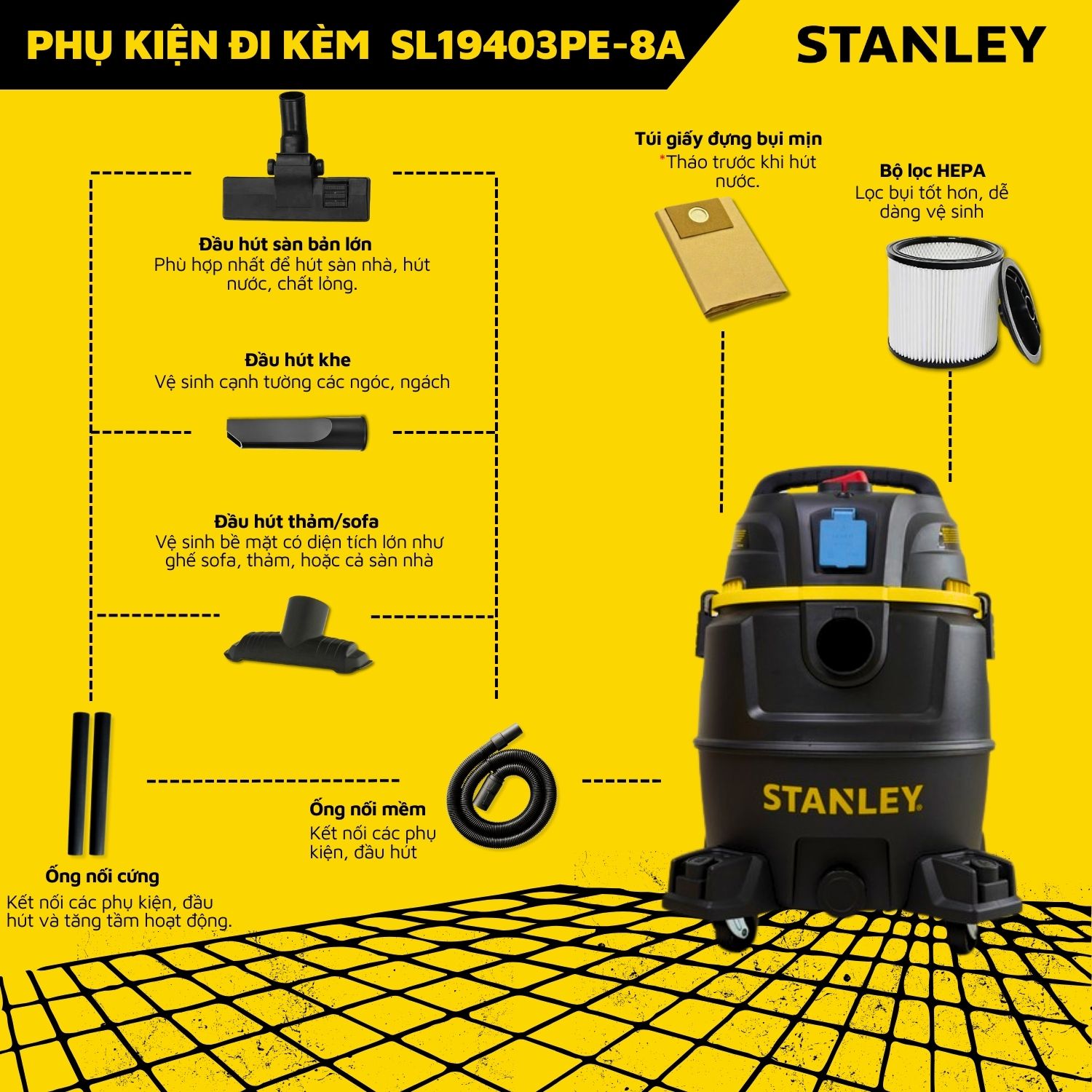 Máy Hút Bụi 4 Chức Năng - Khô/Ướt/Thổi/Hổ Trợ Dùng Chung Powertools - Hiệu Stanley USA - SL19403PE-8A.