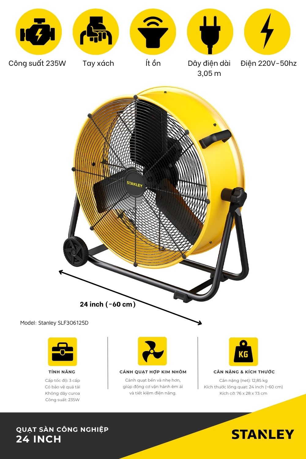 Quạt Sàn Công Nghiệp Stanley 24 Inch SLF306125D, Công Suất 250W