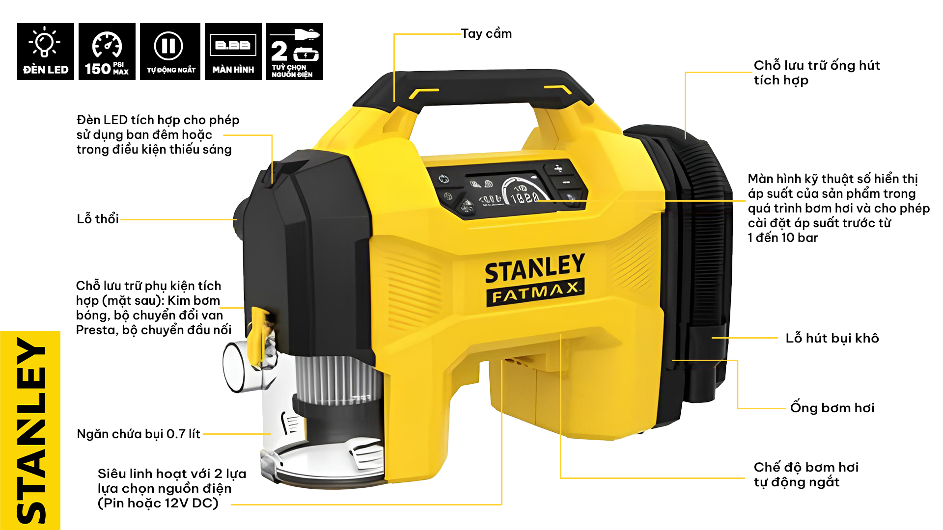 Máy Bơm Hơi 3 Trong 1 Dùng Pin Kèm Tính Năng Thổi Và Hút Bụi STANLEY SXVI02001