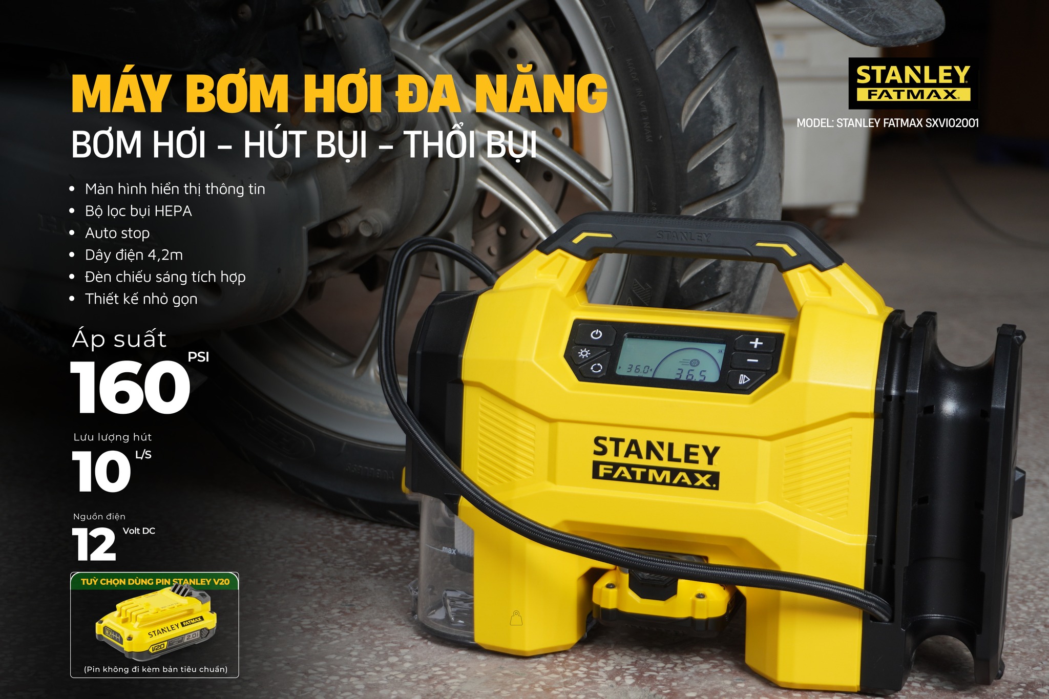 Máy Bơm Hơi 3 Trong 1 Dùng Pin Kèm Tính Năng Thổi Và Hút Bụi STANLEY SXVI02001