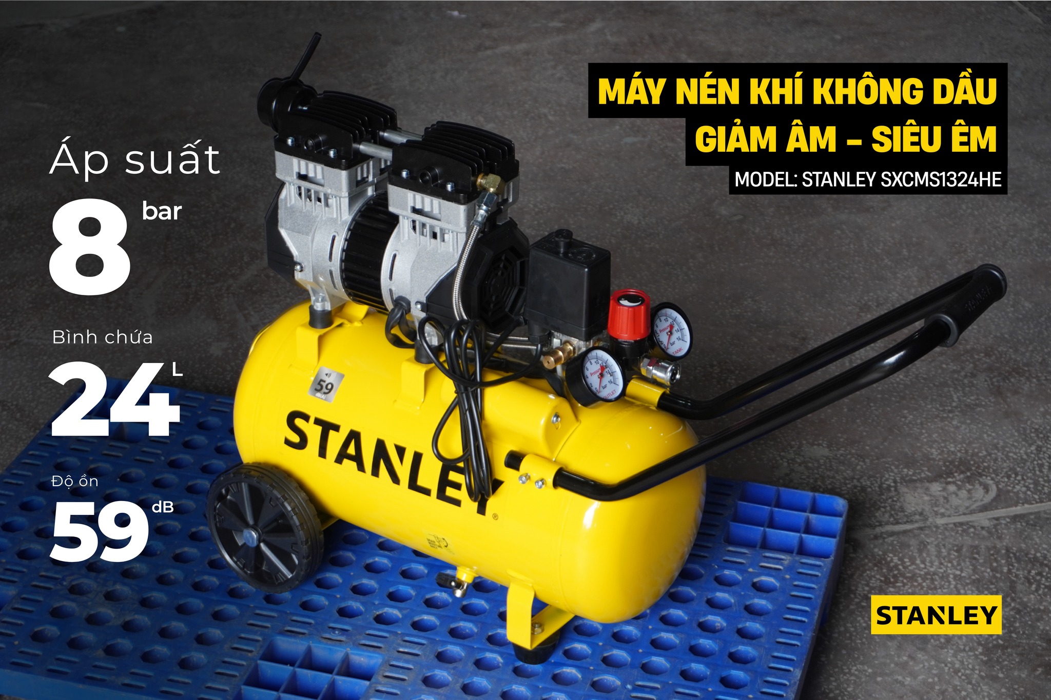 Máy Nén Khí Không Dầu 24L Stanley SXCMS1324HE, Công Suất 1.3Hp